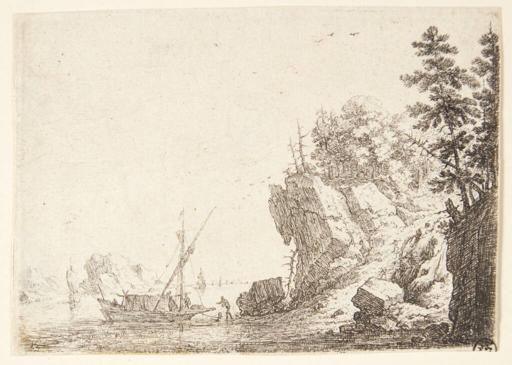 Sejlskibe ud for en klippekyst, Herman Saftleven, 1609-1685