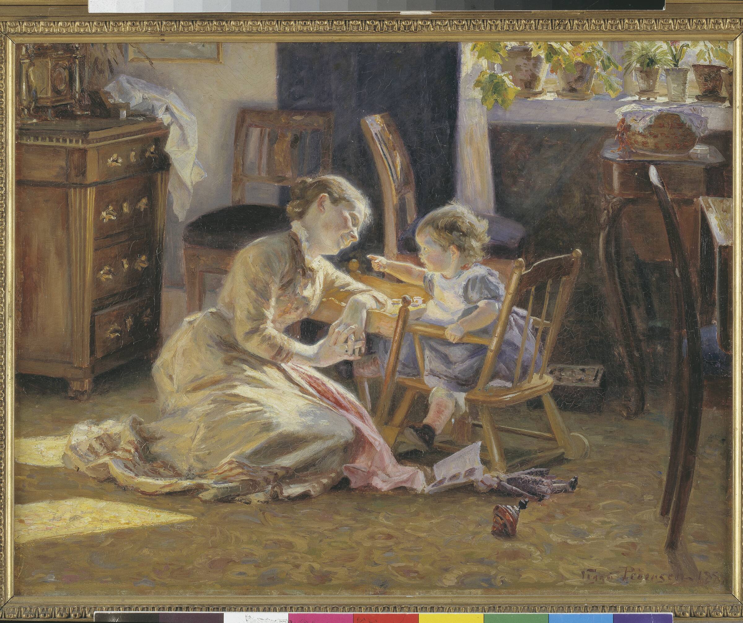 Solskin i dagligstuen. Kunstnerens hustru og barn, Viggo Pedersen, 1888