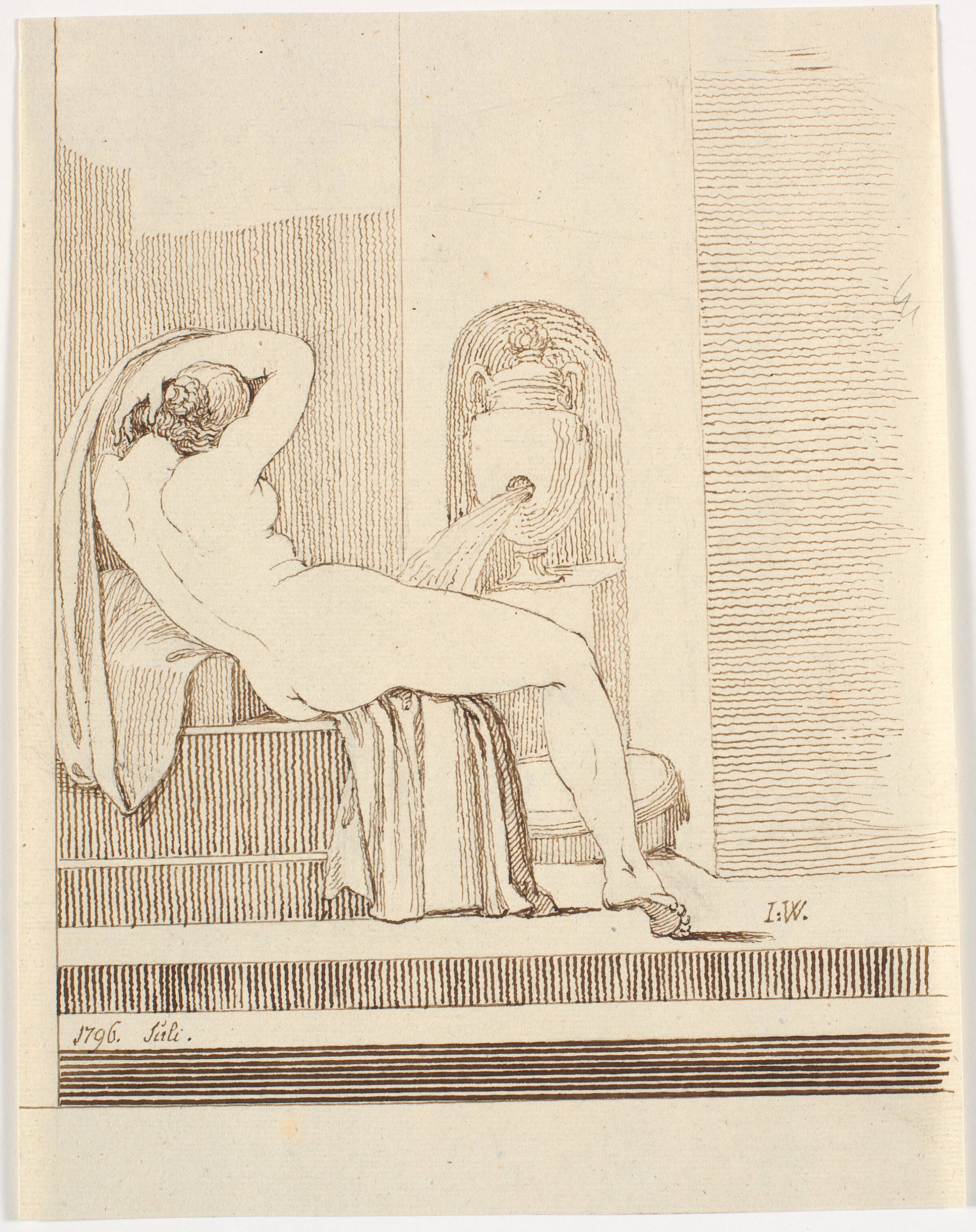 Nøgen kvinde med gevandt set bagfra, foran en fontæne, Johannes Wiedewelt, 1796