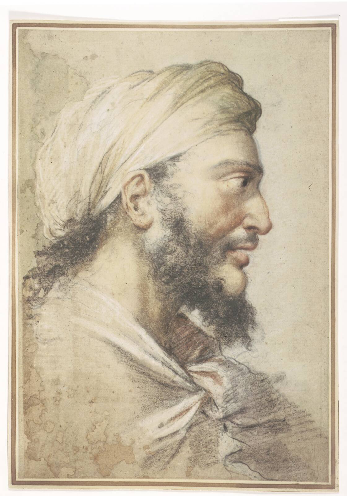Head of a bearded man in profile to the right wearing a turban, by Salvator Rosa, 1650-1659