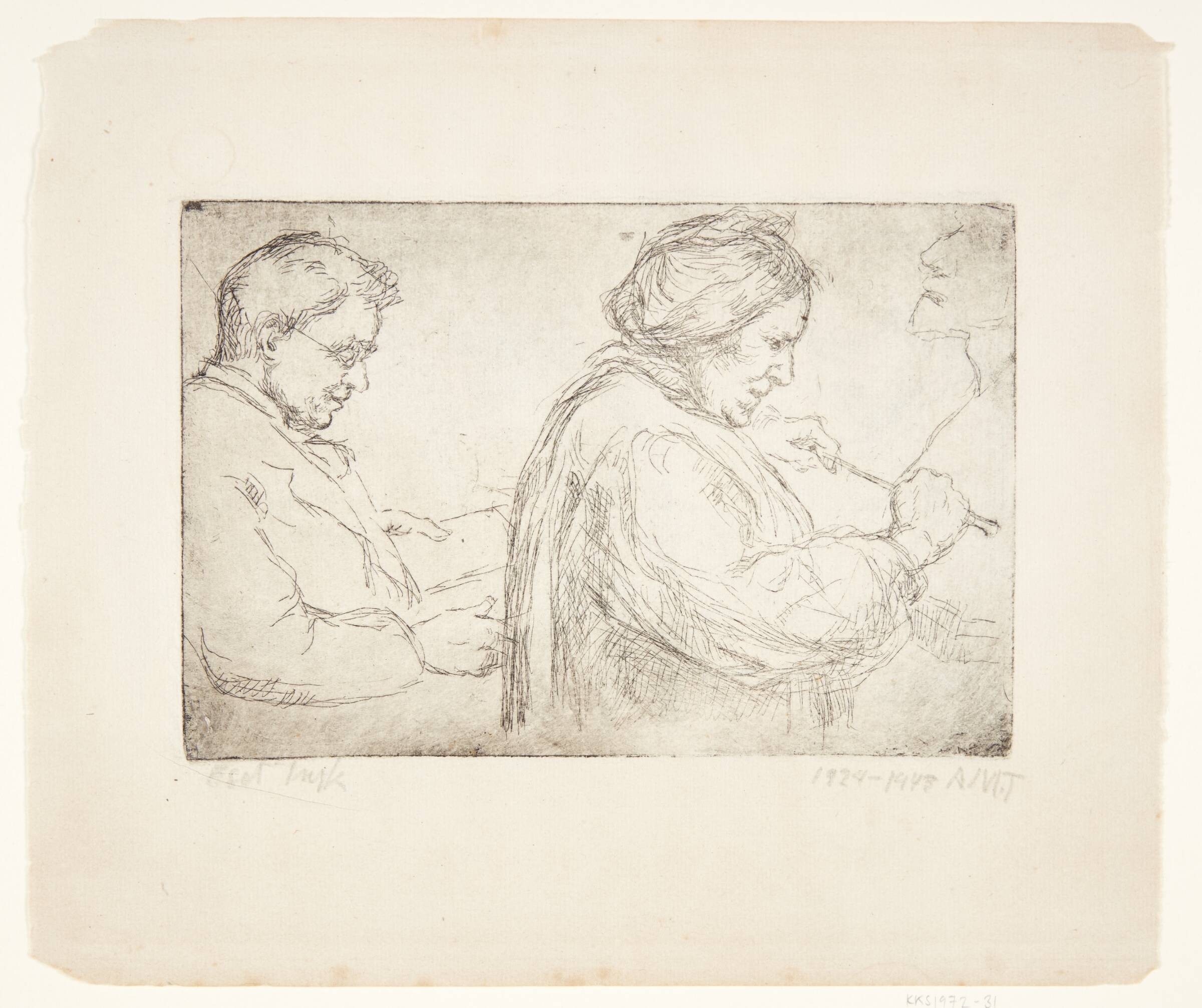 Komponisten Carl Nielsen læsende og billedhuggeren Anne Marie Carl Nielsen arbejdende på en portrætbuste, Anne Marie Telmányi, 1924-1943