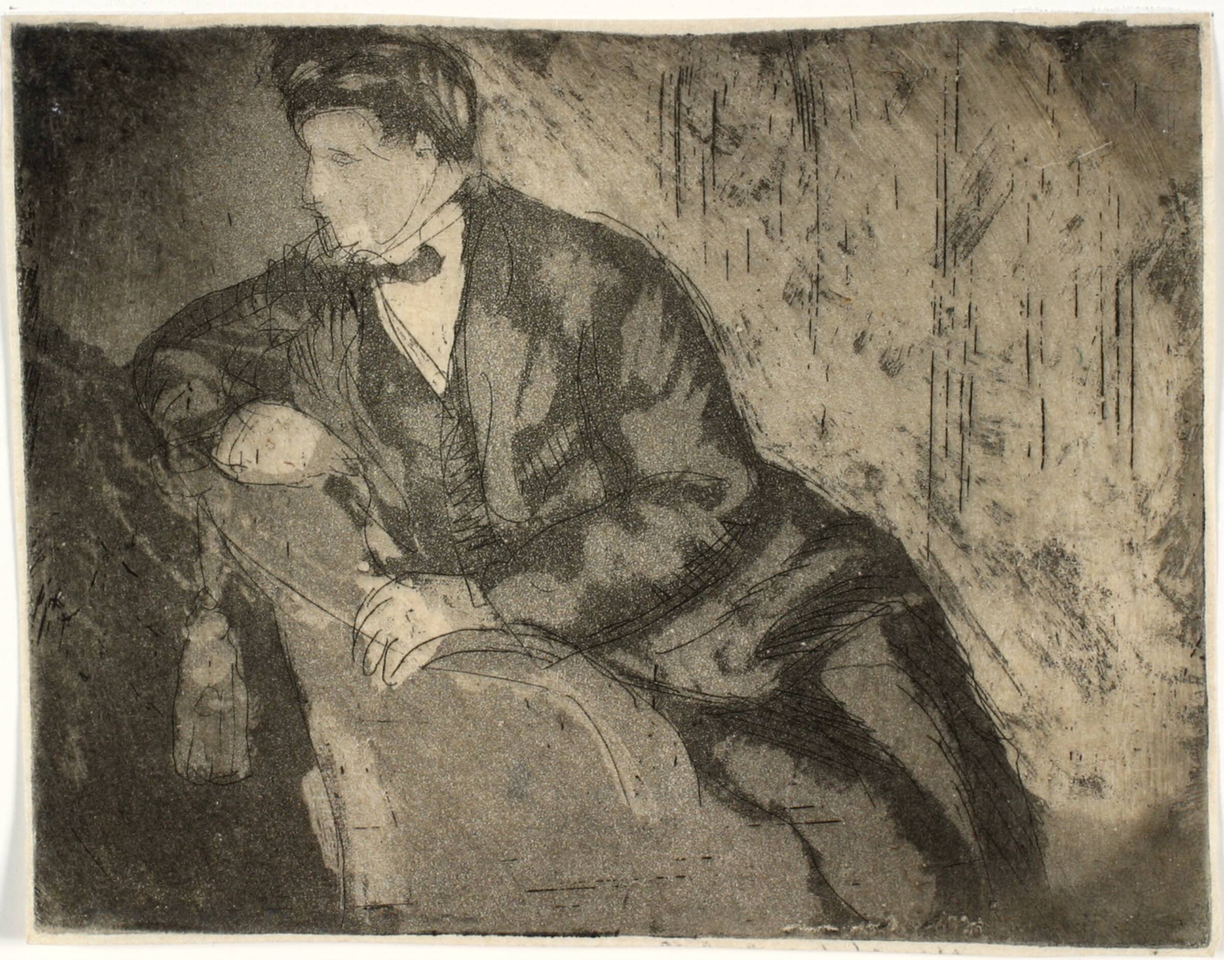 Portræt af maleren Søren Hjorth Nielsen, siddende i en lænestol, Holger J. Jensen, 1928