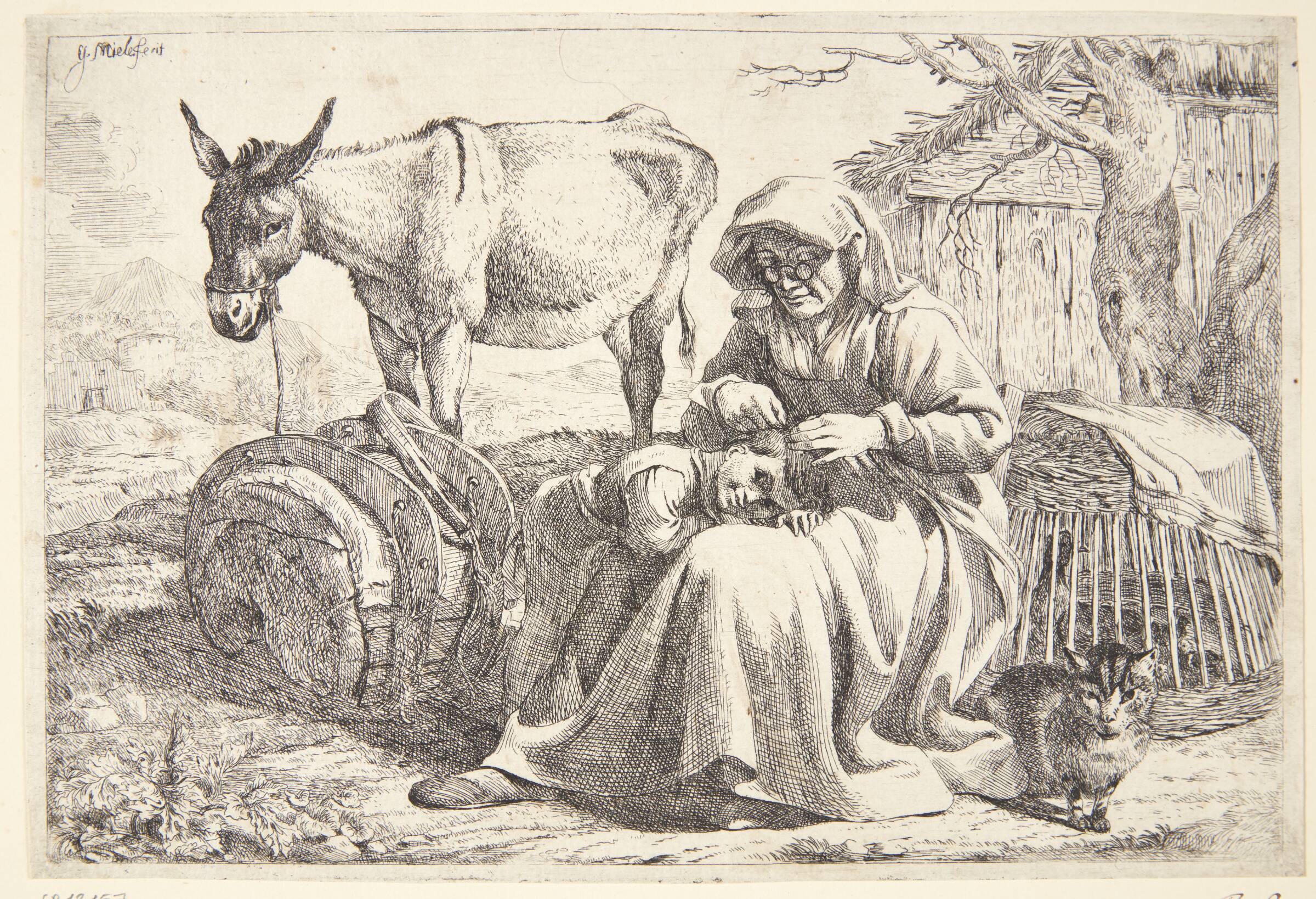 En ældre kvinde, der reder en lille piges hår, Jan Miel, 1599-1663
