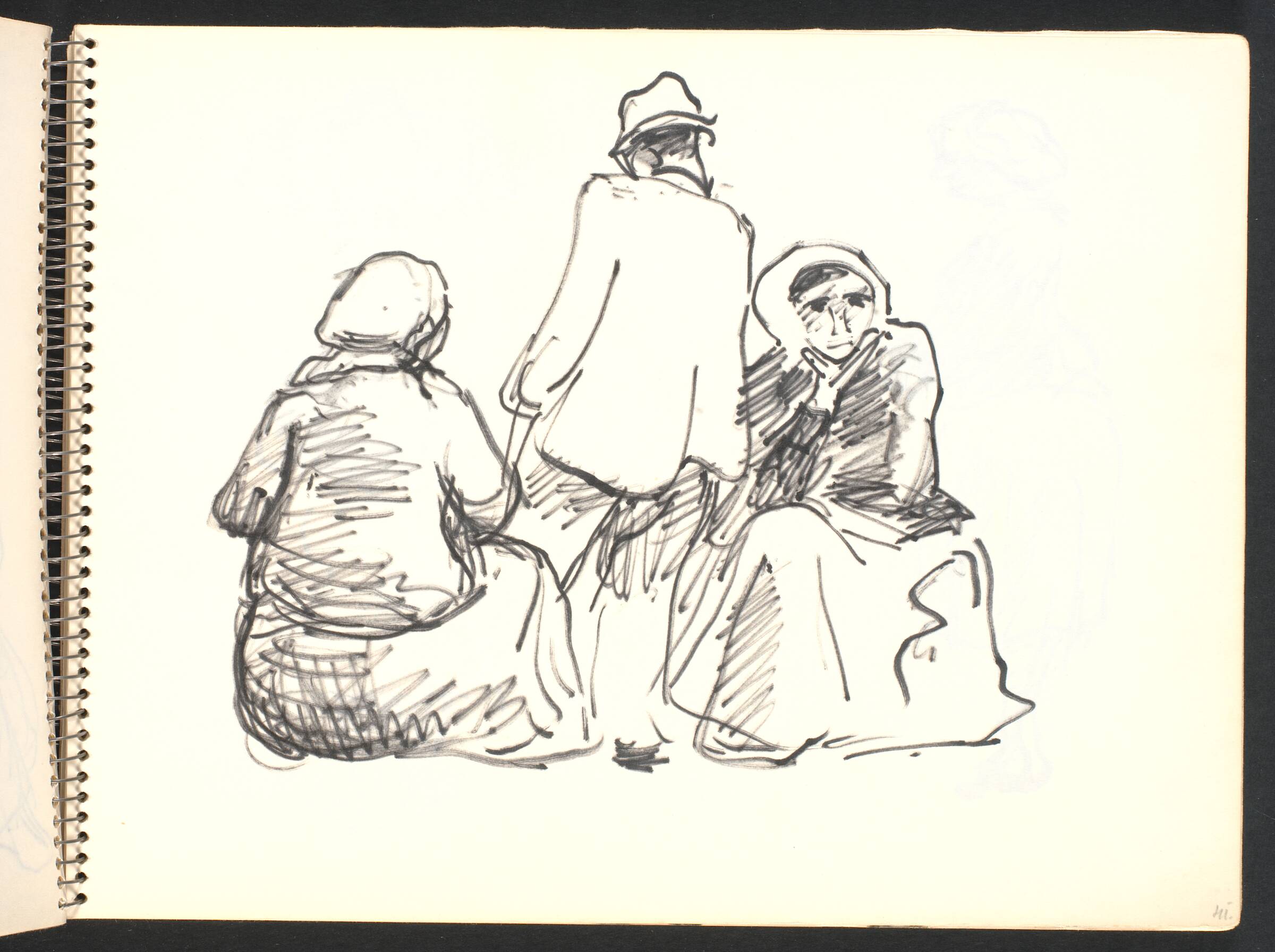 To siddende kvinder, en stående mand, Gottfred Eickhoff, 1952