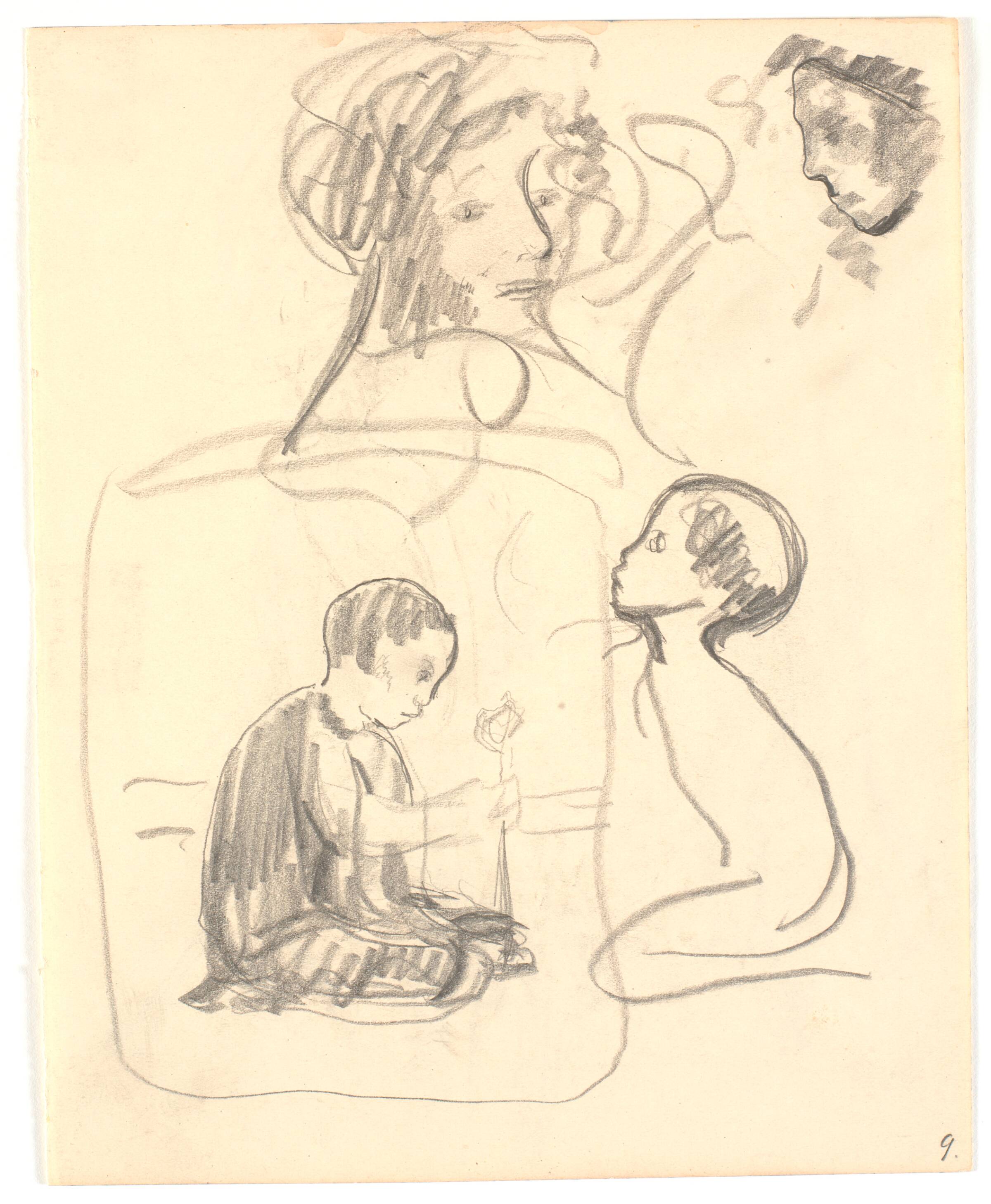 To udkast til "Dreng, der planter" ("Hoppat"), foroven to kvindehoveder, Isakson, Karl, 1904-1909