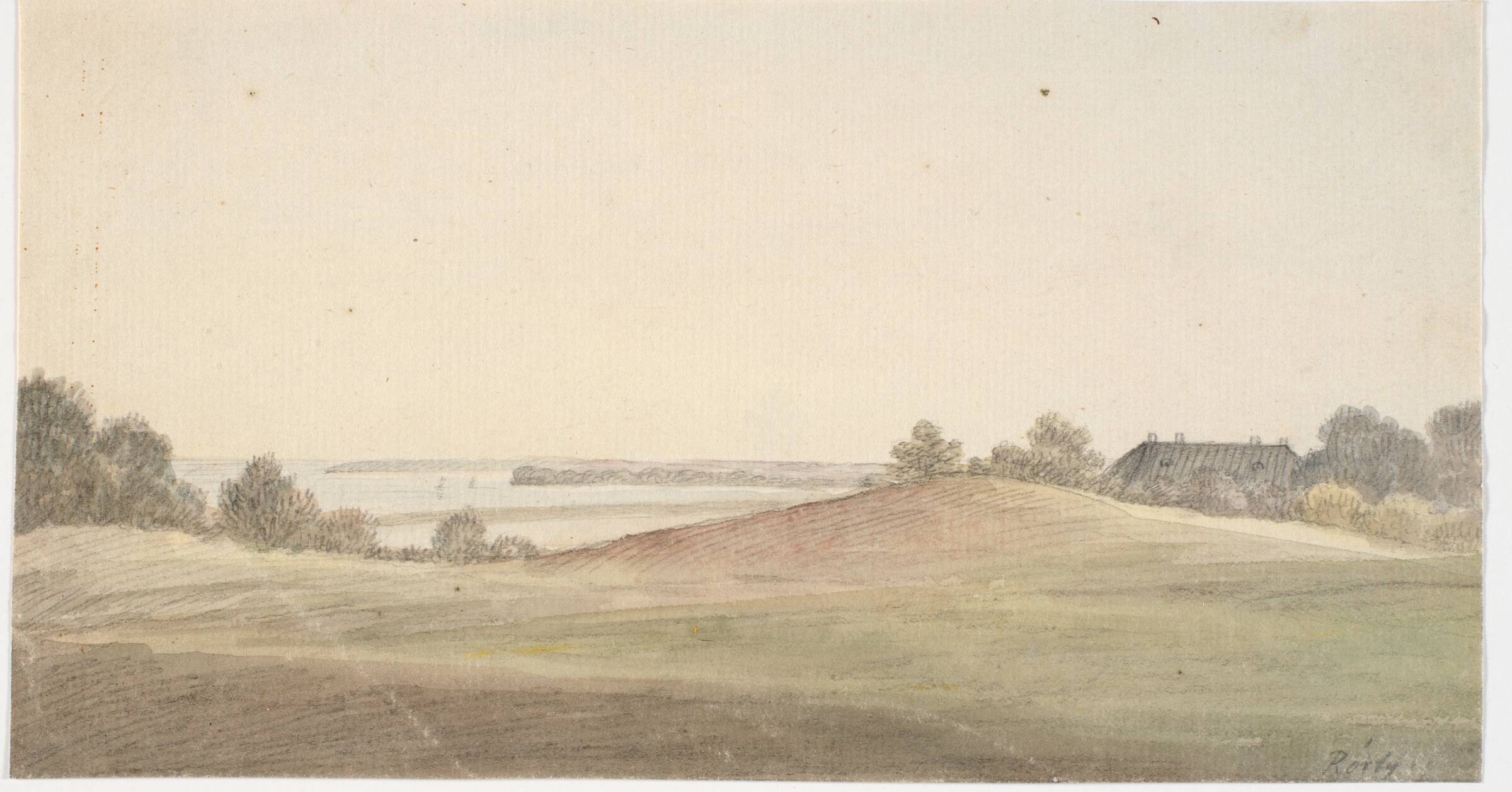 Landskab med vand i baggrunden og hus t.h., Martinus Rørbye, 1820-1829