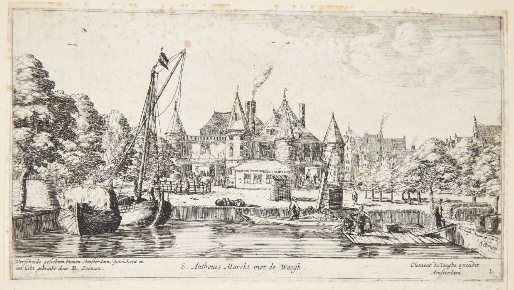 Sint Antoniesmarkt med vejerboden. Titelblad til "Udsigter i Amsterdam"
