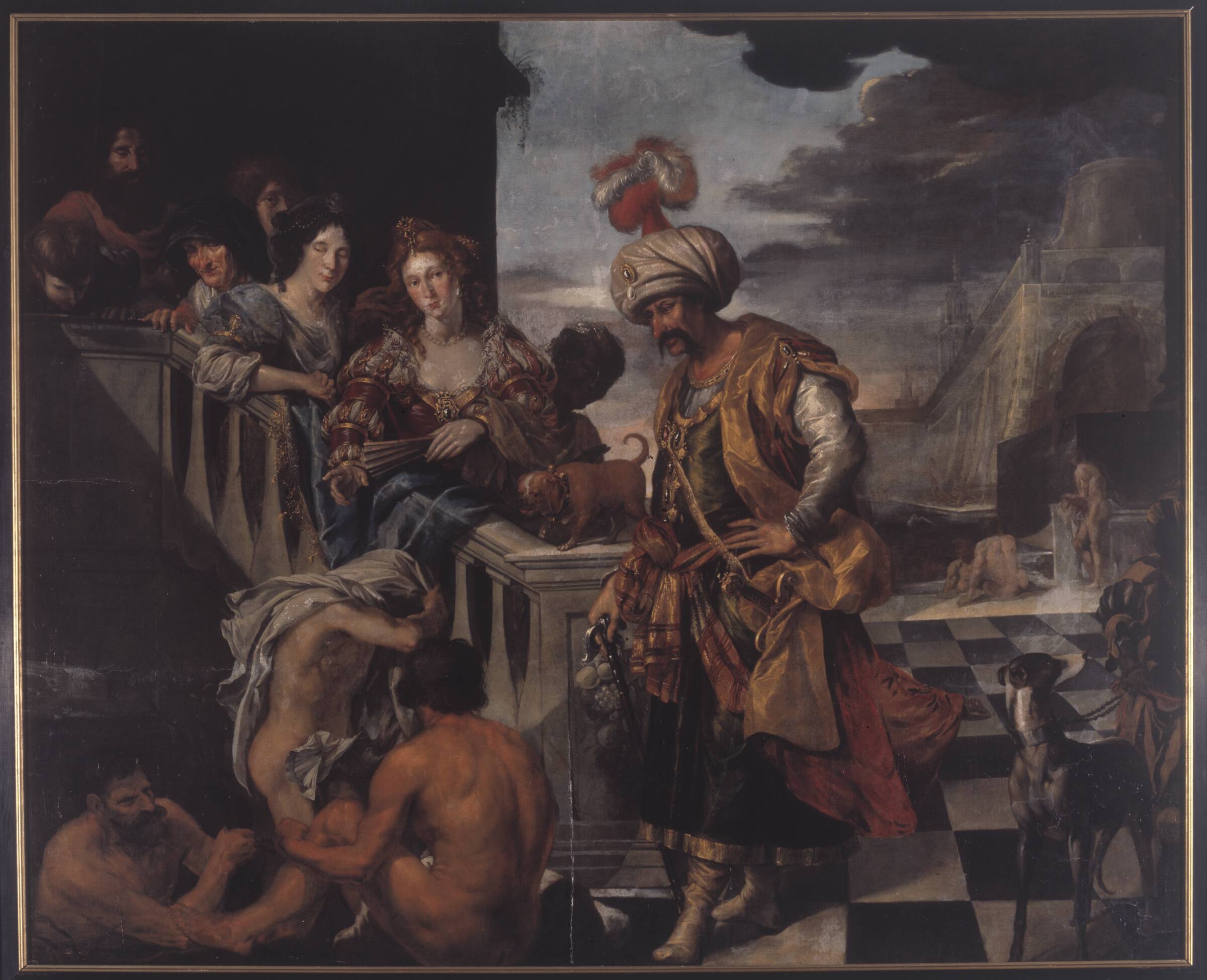 En tyrk med følge. Badning i en orientalsk havn, Isaacsz., Pieter, 1584-1625