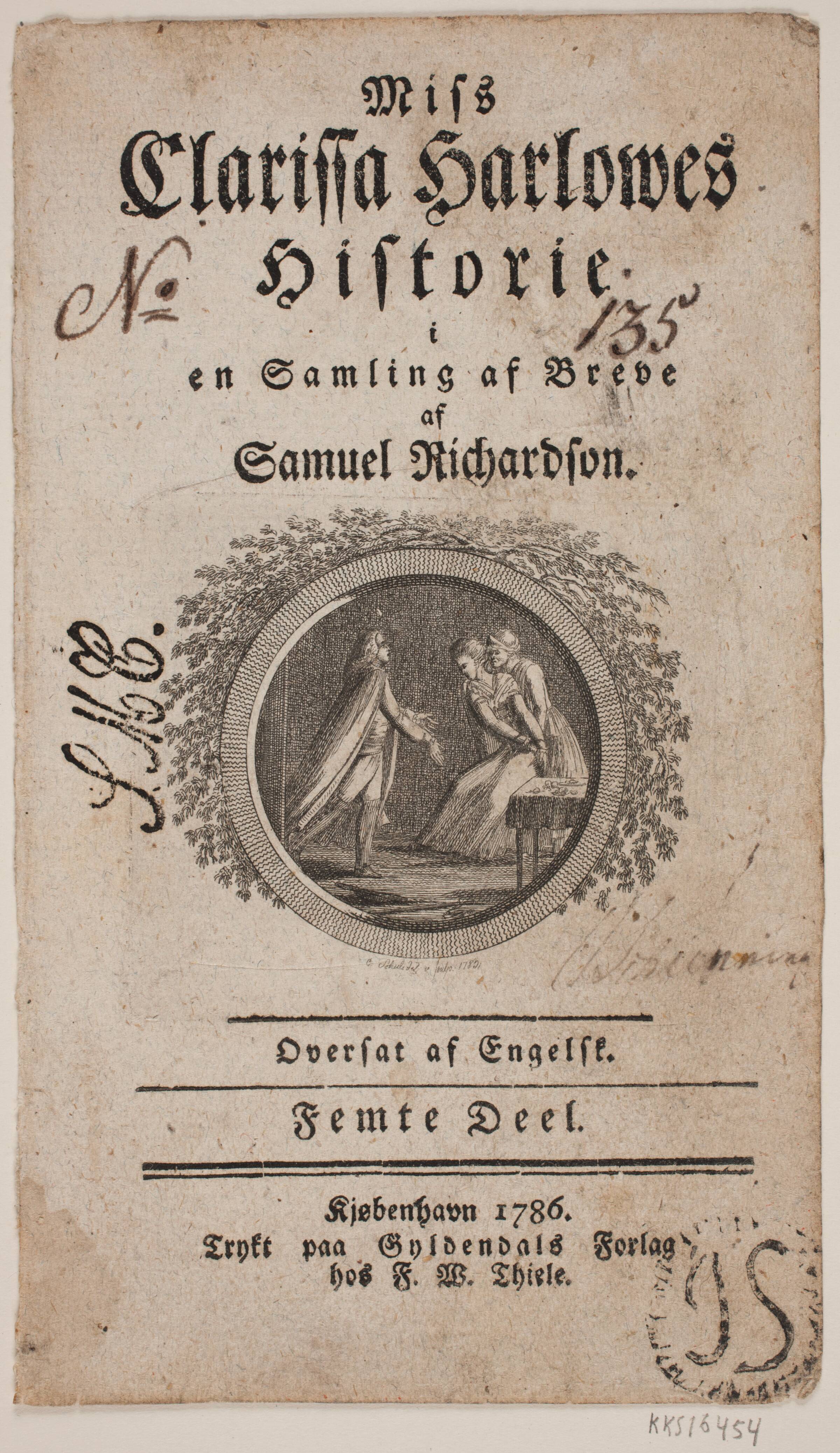 Titelblad med vignet til S. Richardson: "Miss Clarissa Harlowes Historie", femte del, Georg Christian Schule, 1783
