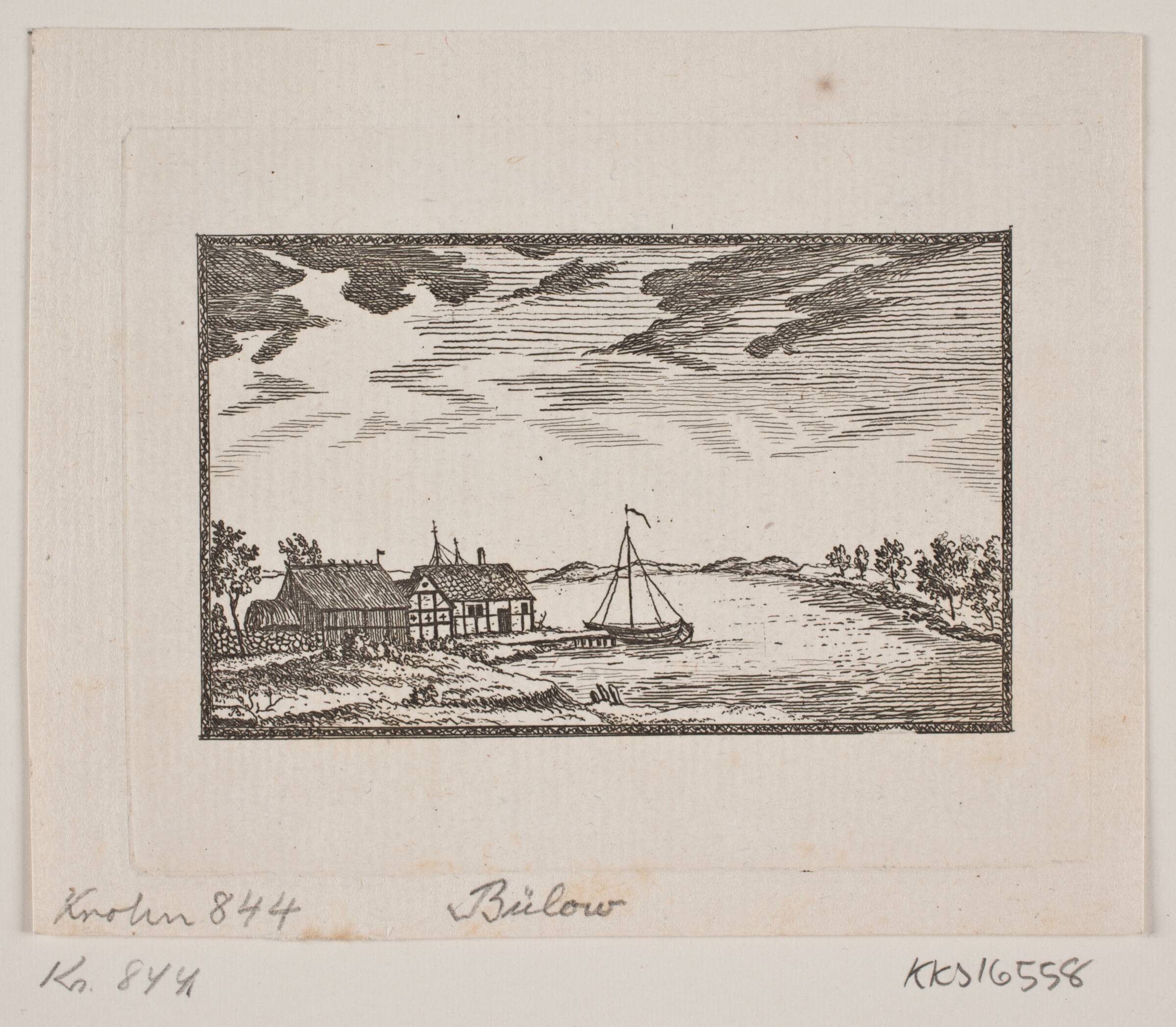 Landskab med to huse og båd på floden, Johan Bülow, 1780