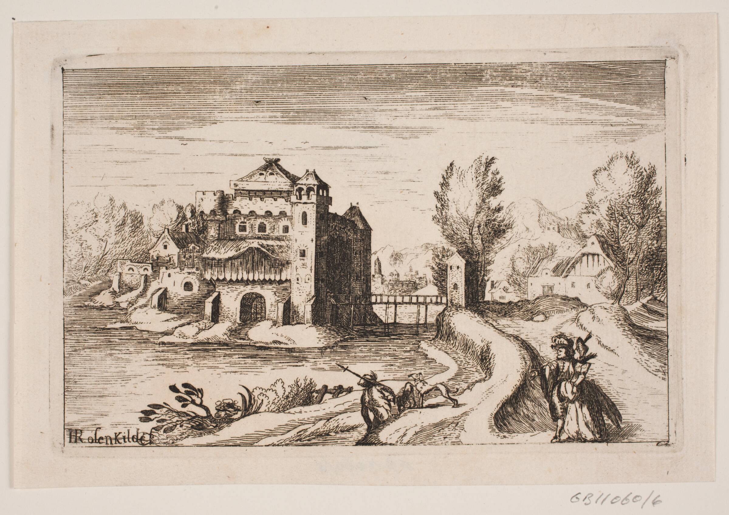 Flodlandskab med slot på en banke, H. Rosenkilde, 1746