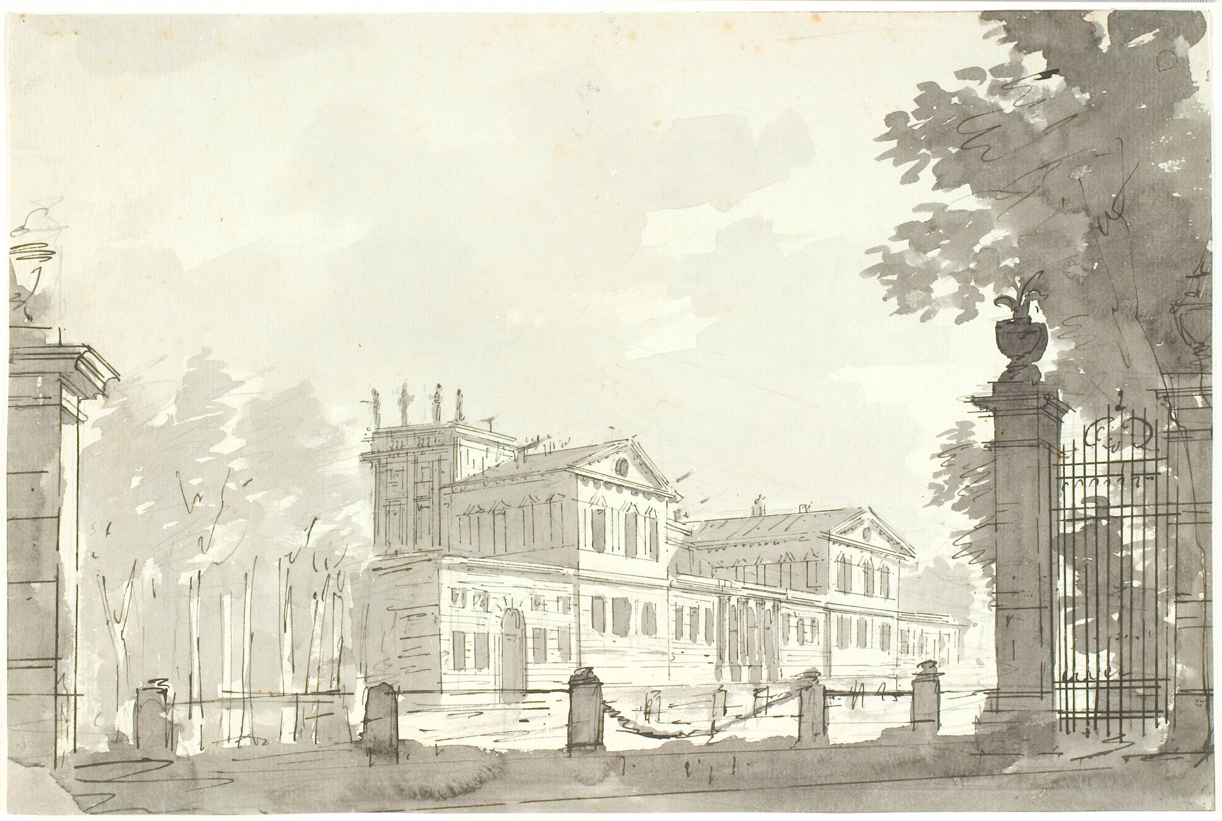 Palads i indhegnet park, t.h. en gitterlåge, Aron Wallick, 1803-1809