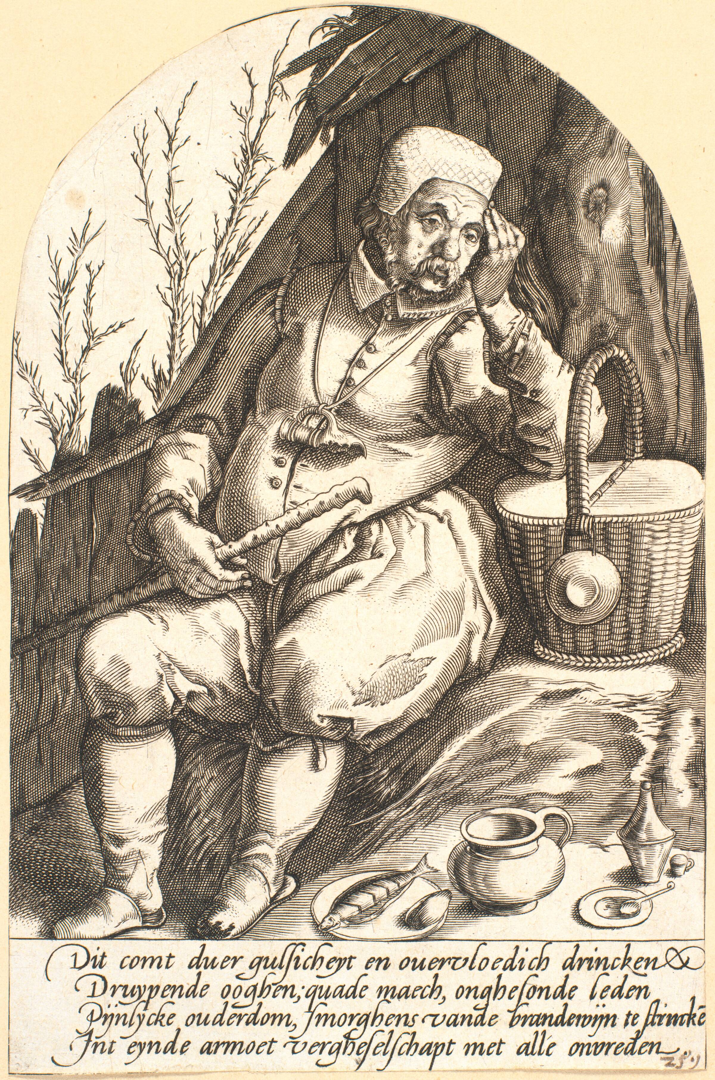 Bonde, satire over drukkenskab, Pieter Goos, 1631-1672