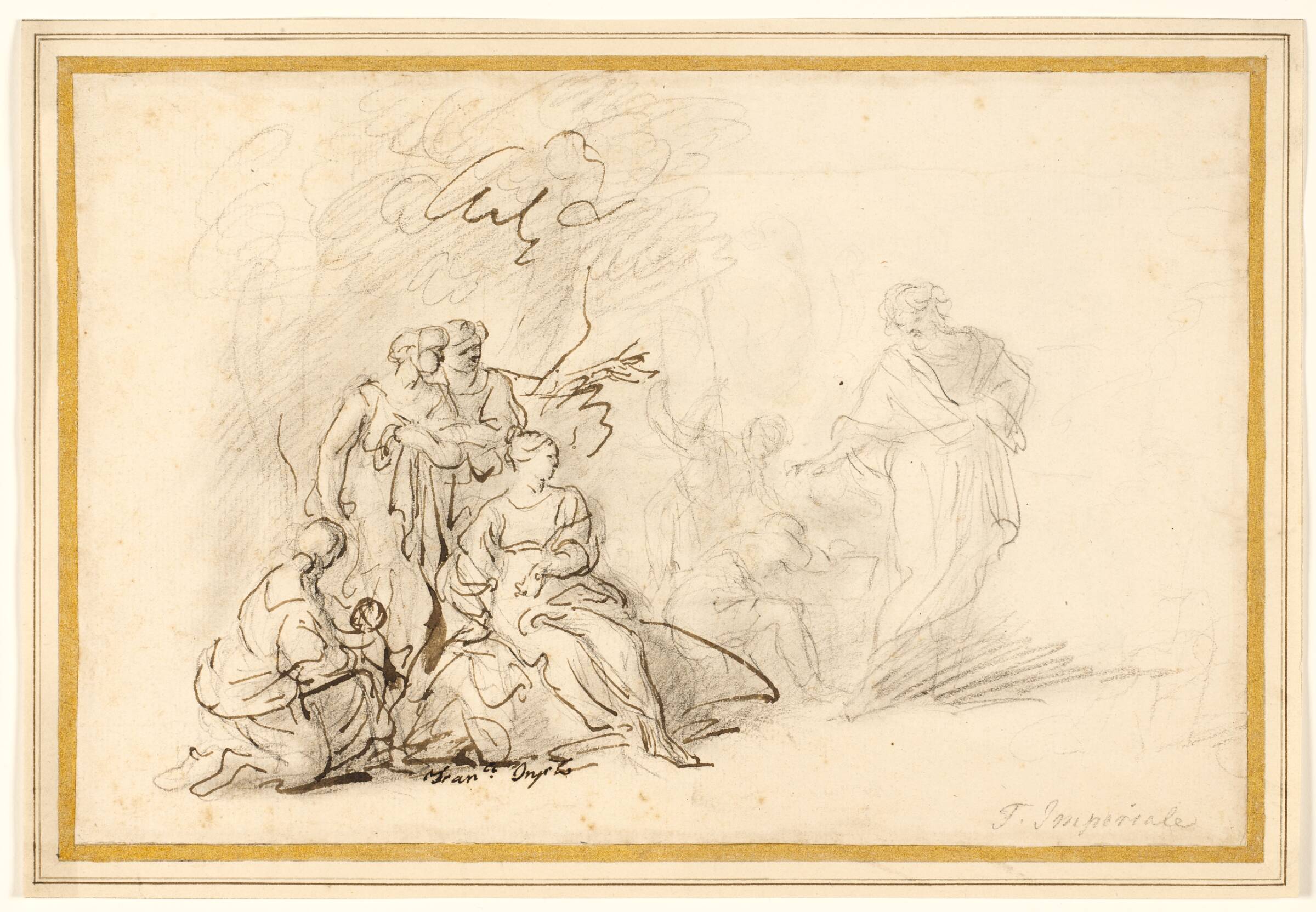 Rebecca skjuler afguderne for Laban, Francesco Fernandi, 1678-1740