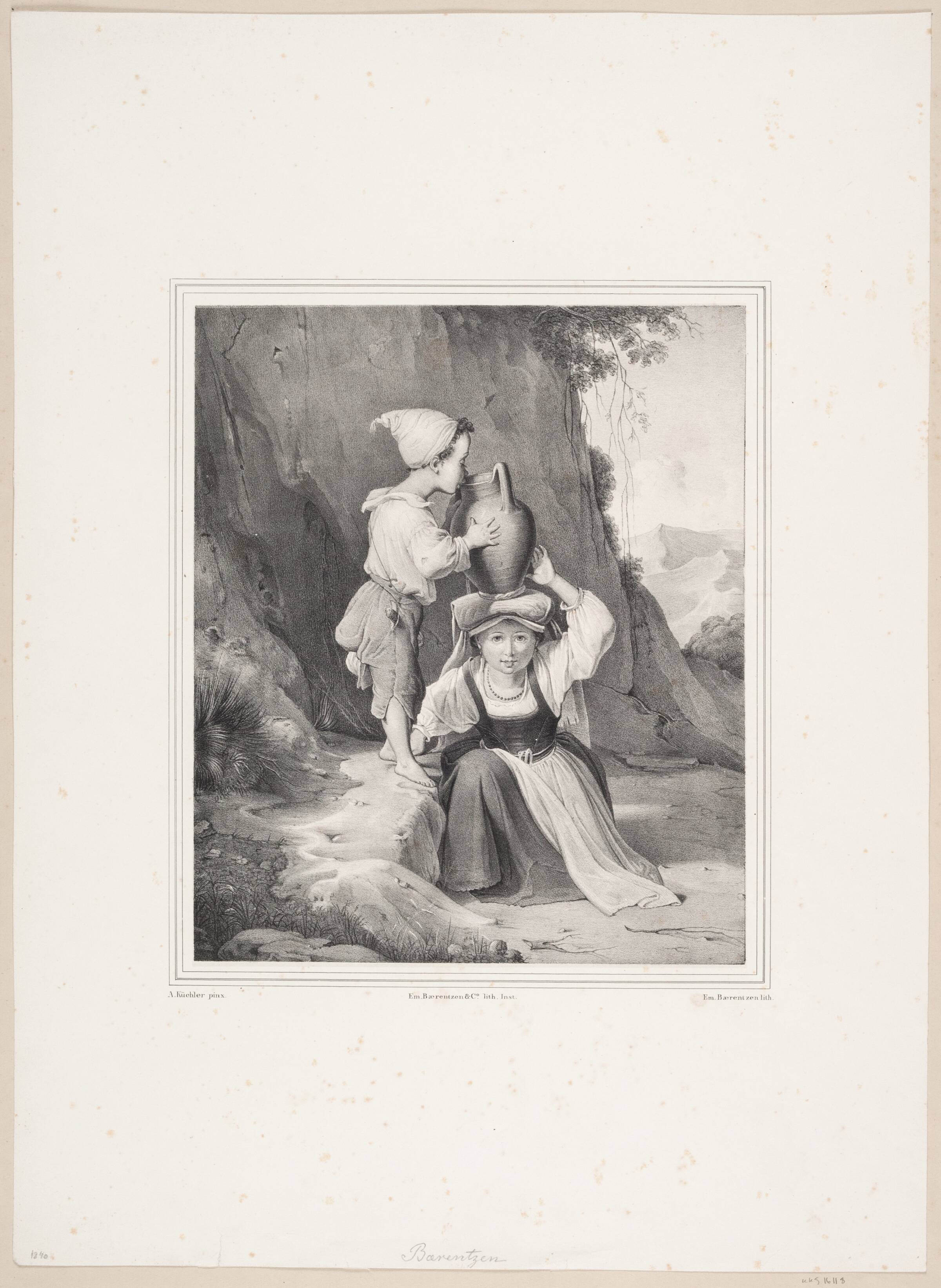 En lille dreng drikker af en krukke, som en lille pige bærer på sit hoved, Emil Ditlev Bærentzen, 1840-1867