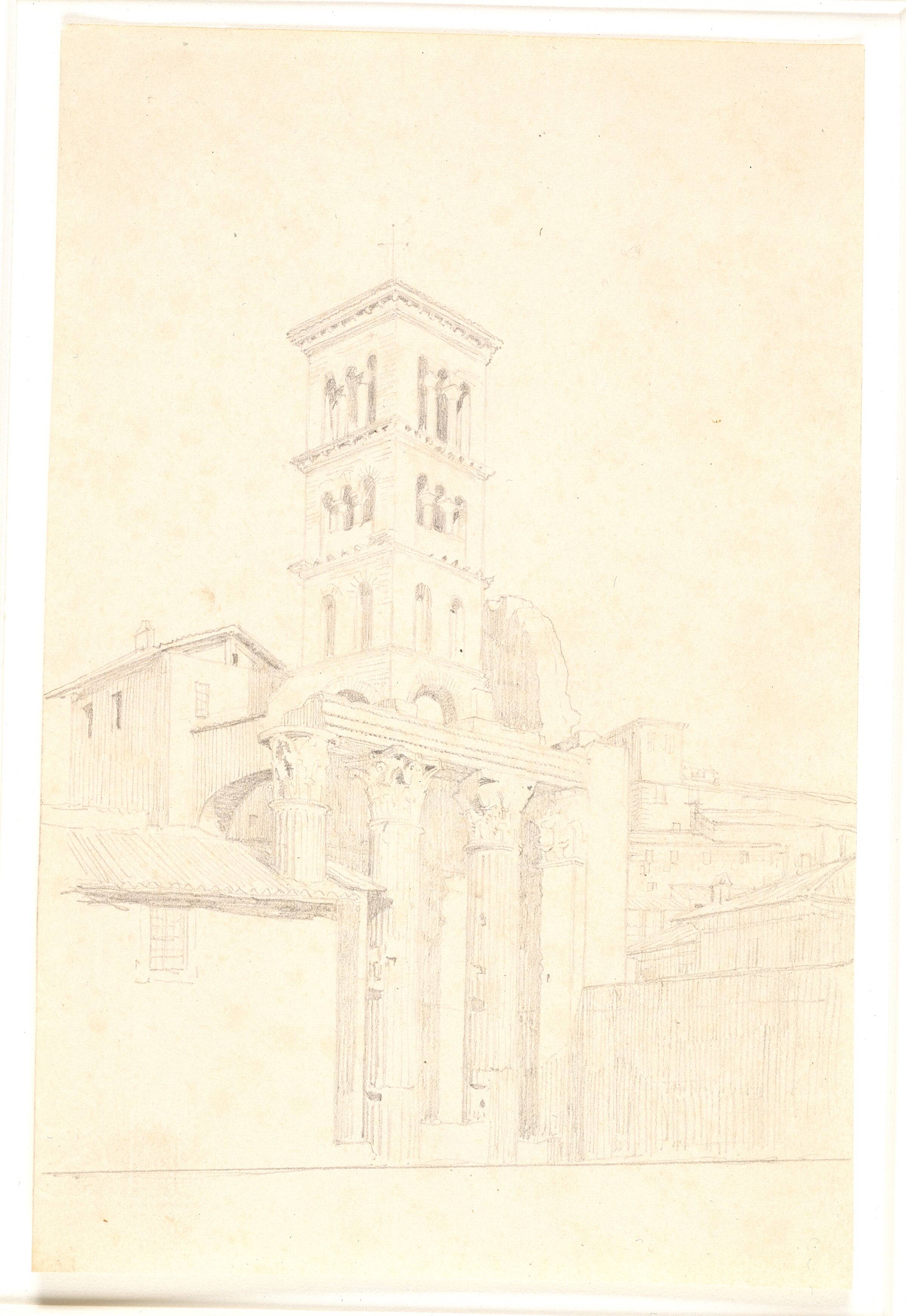Søjlerække fra Mars Ultors tempel. I baggrunden et kirketårn, S.S. Quirico e Giulitta, Constantin Hansen, 1835-1843