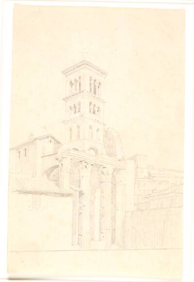 Søjlerække fra Mars Ultors tempel. I baggrunden et kirketårn, S.S. Quirico e Giulitta