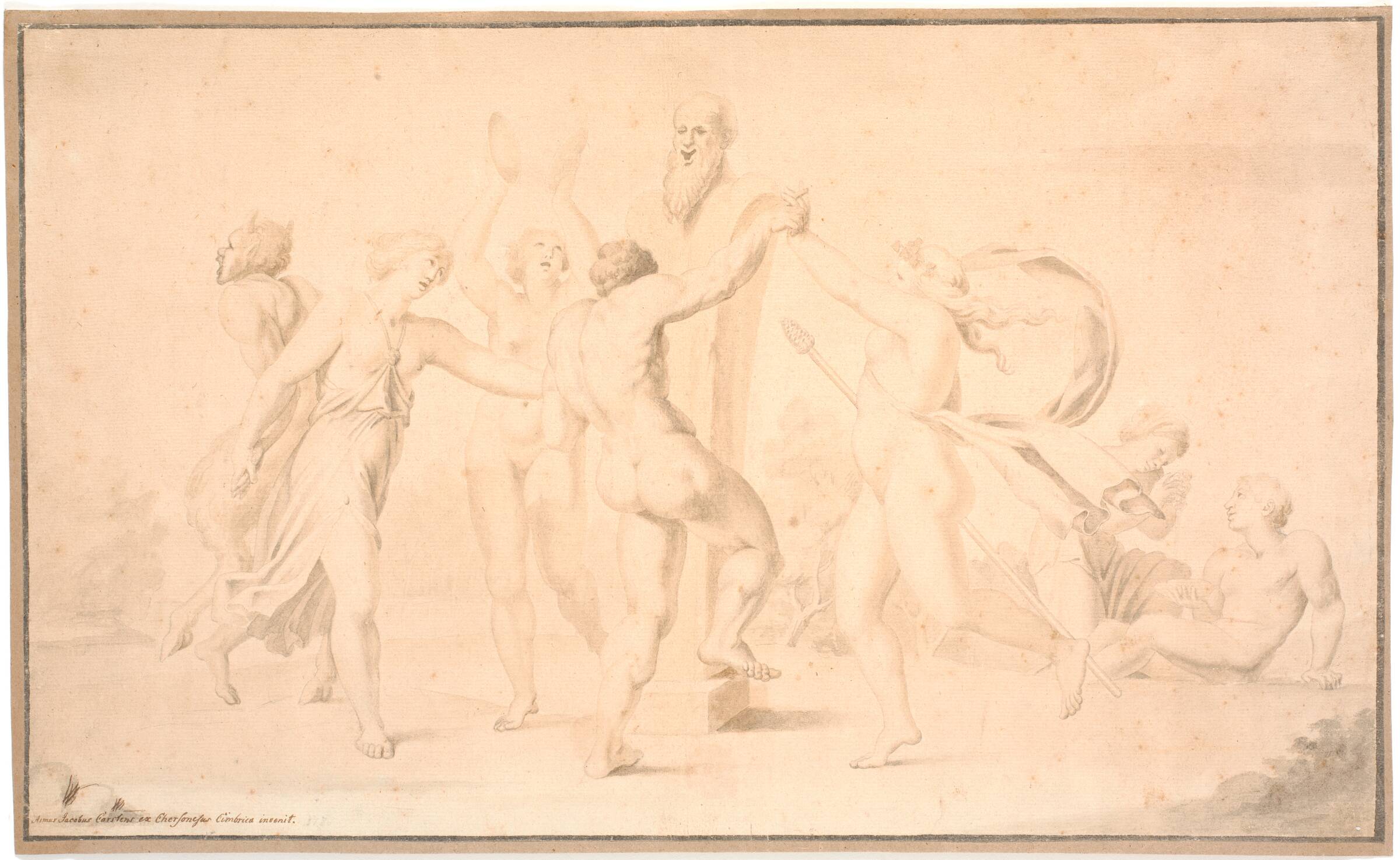 Bakkanal. En satyr, en bakkant og tre bakkantinder danser om en Priapsherme, Asmus Jacob Carstens, 1780