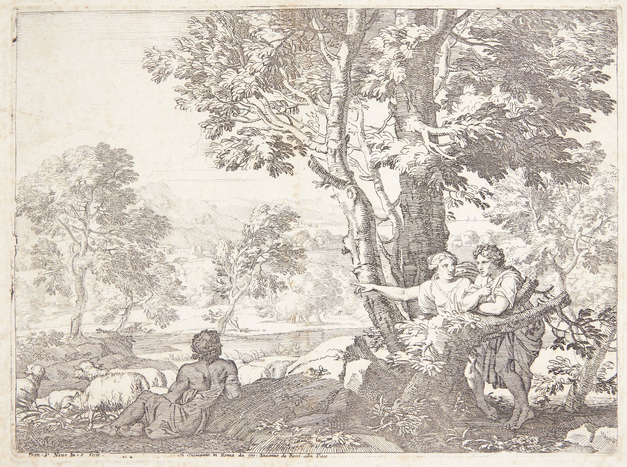 Landskab med to hyrder og en hyrdinde, Franciscus de Neve, 1606-1688