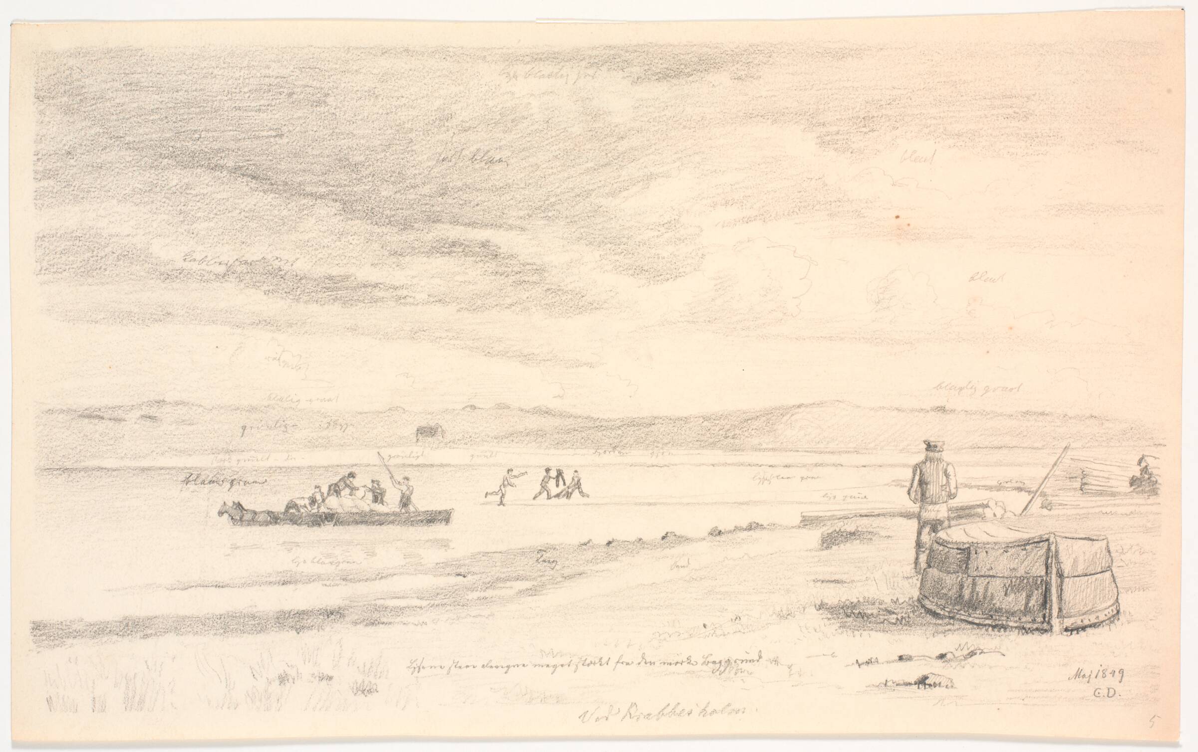 Skive fjord ved Krabbesholm. En strandet pram læsses over i en vogn, Christen Dalsgaard, 1849