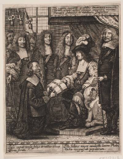 Simon Paulli overrækker Frederik III en bog. Illustration til Simon Paulli, "Quadripartitum Botanicum", 1667