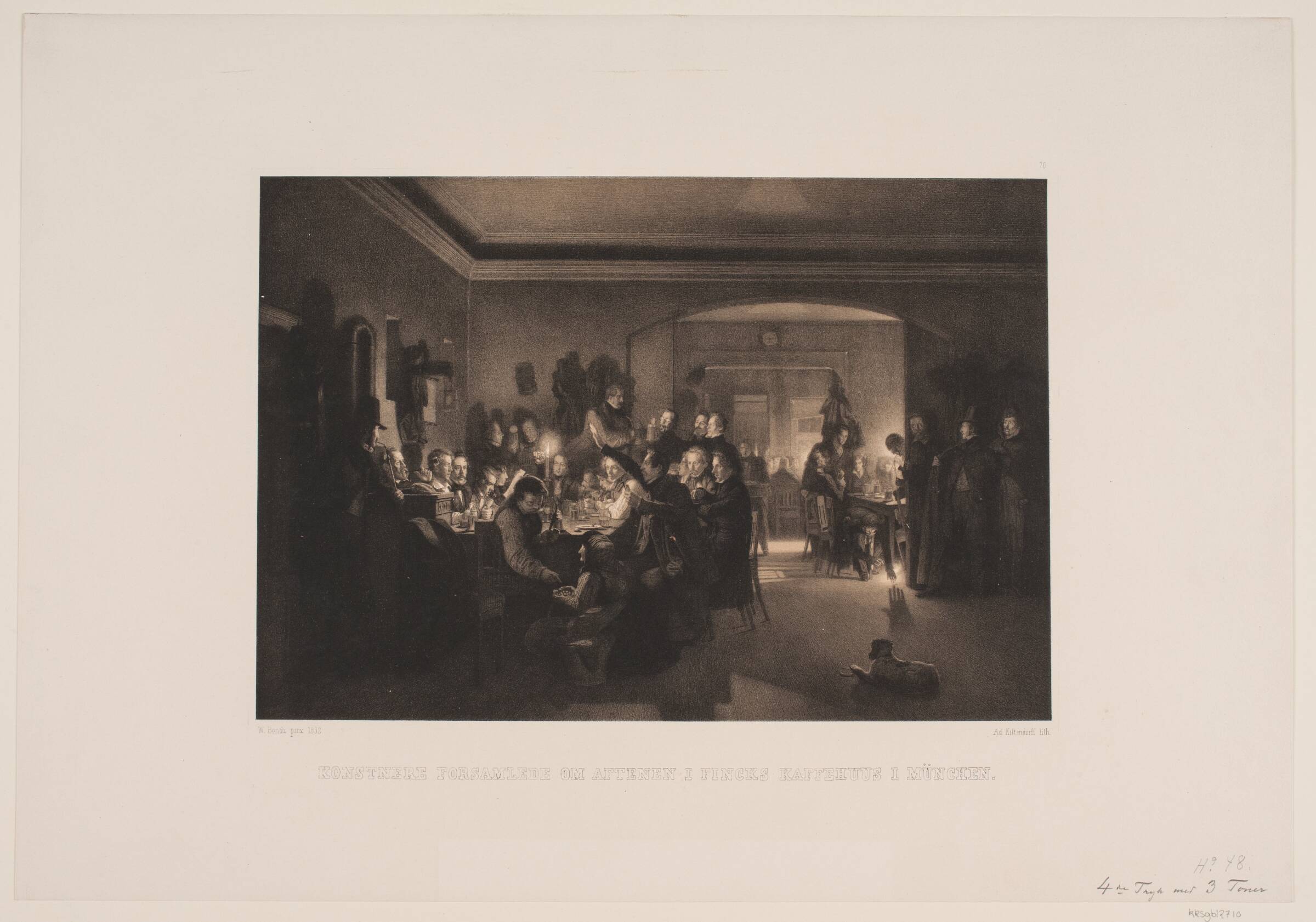Kunstnere forsamlede om aftenen i Finchs kaffehus i München, Adolph Kittendorff, 1832-1901