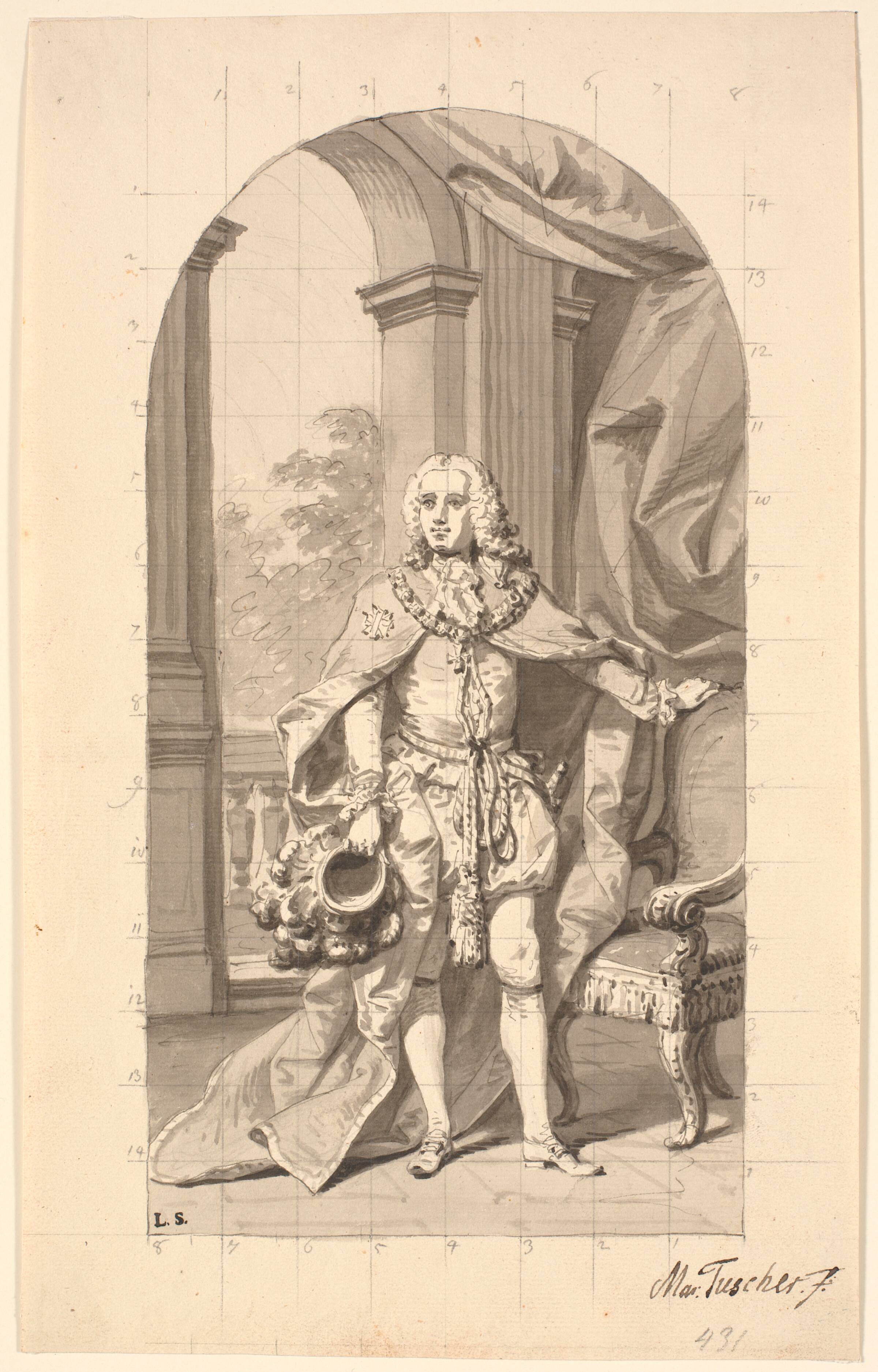 Amtmand "Gehejmeråd i Tønder" Frederik Wilhelm Holstein som dannebrogsridder i ordensdragt, Marcus Tuscher, 1748-1751