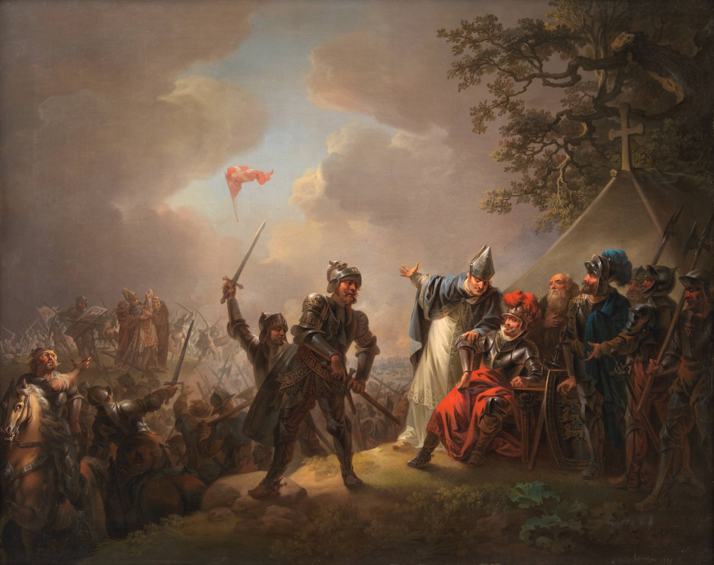 Dannebrog falder ned fra himlen under Volmerslaget ved Lyndanisse (Tallin) i Estland den 15. juni 1219, C.A. Lorentzen, 1809