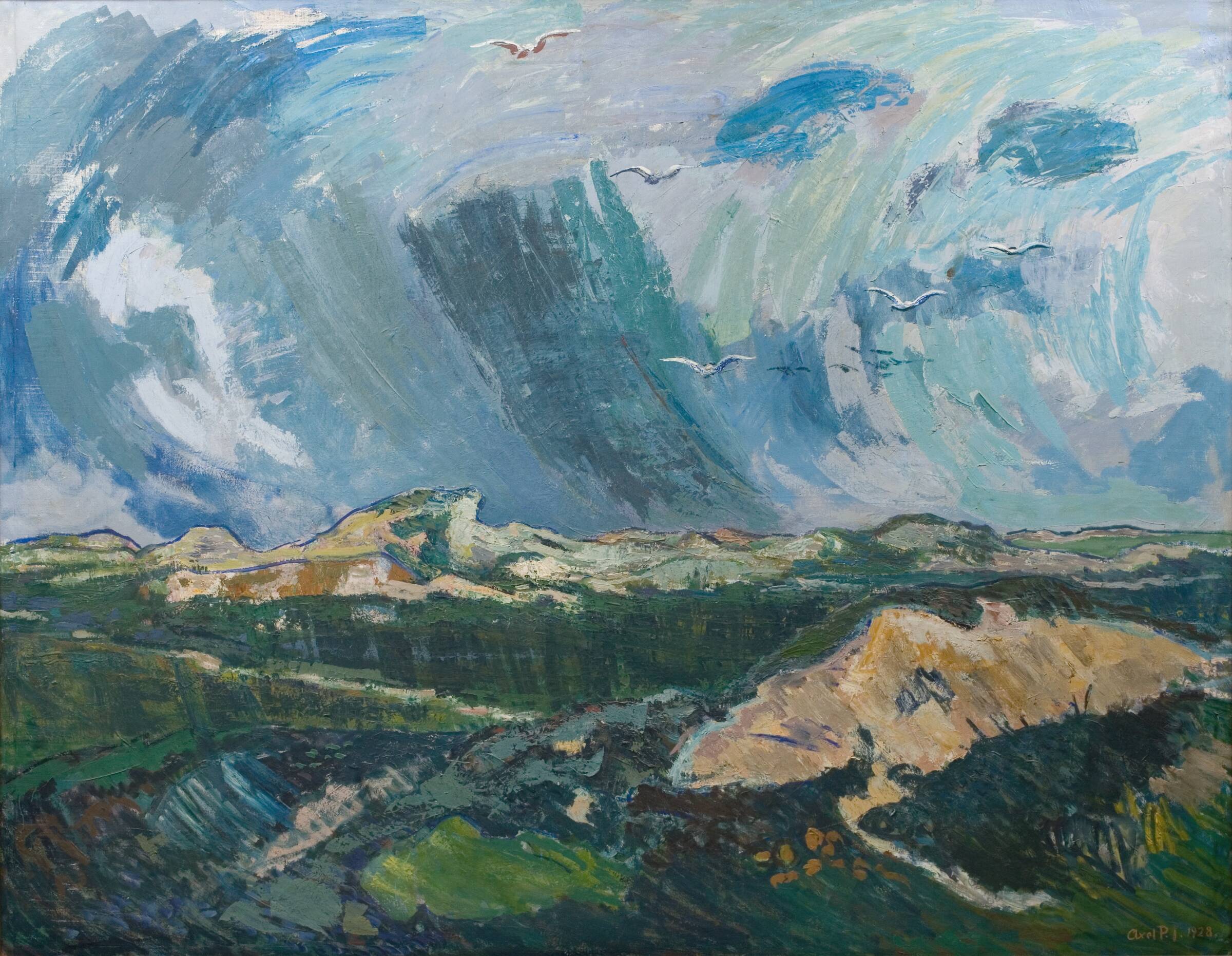 Uvejr over klitten. Pirupshvarre ved Jammerbugten, Axel P. Jensen, 1928