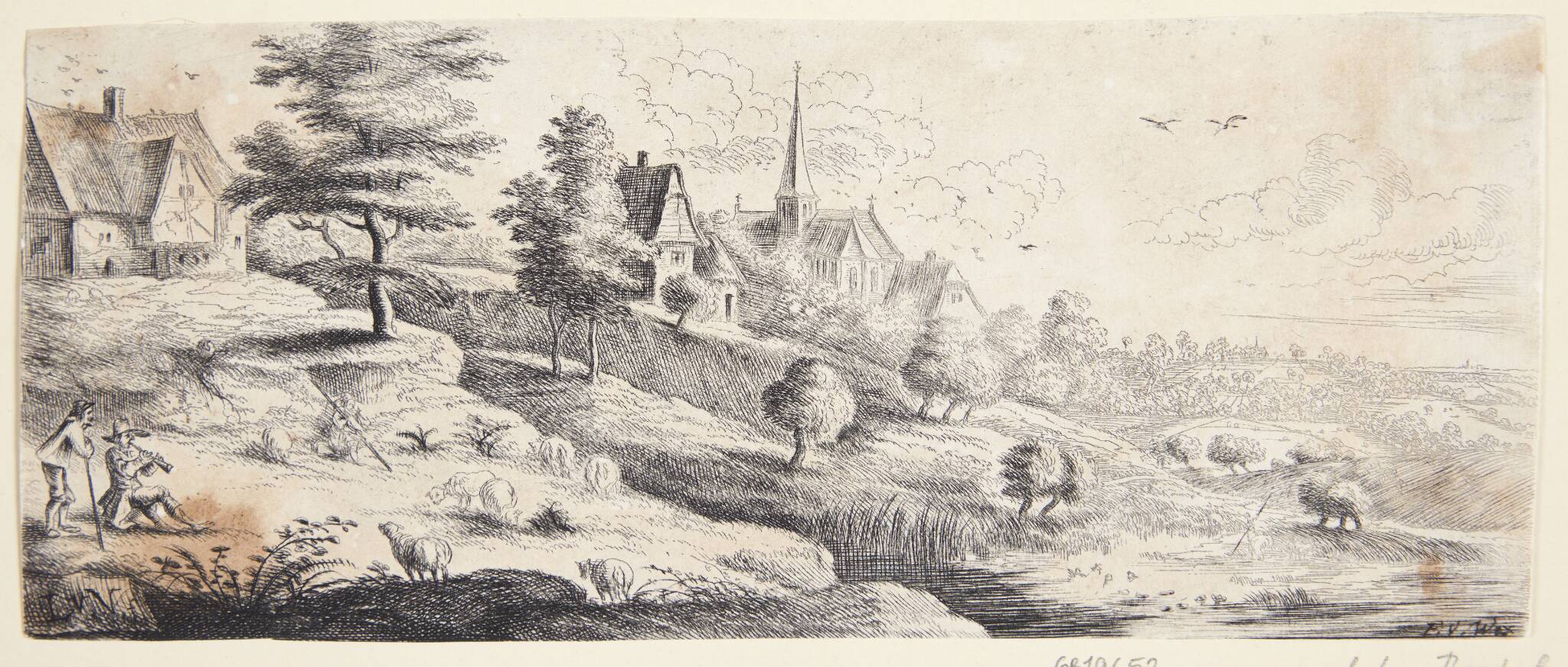 Landsby med en kirke, t.v. en mand med en skalmeje