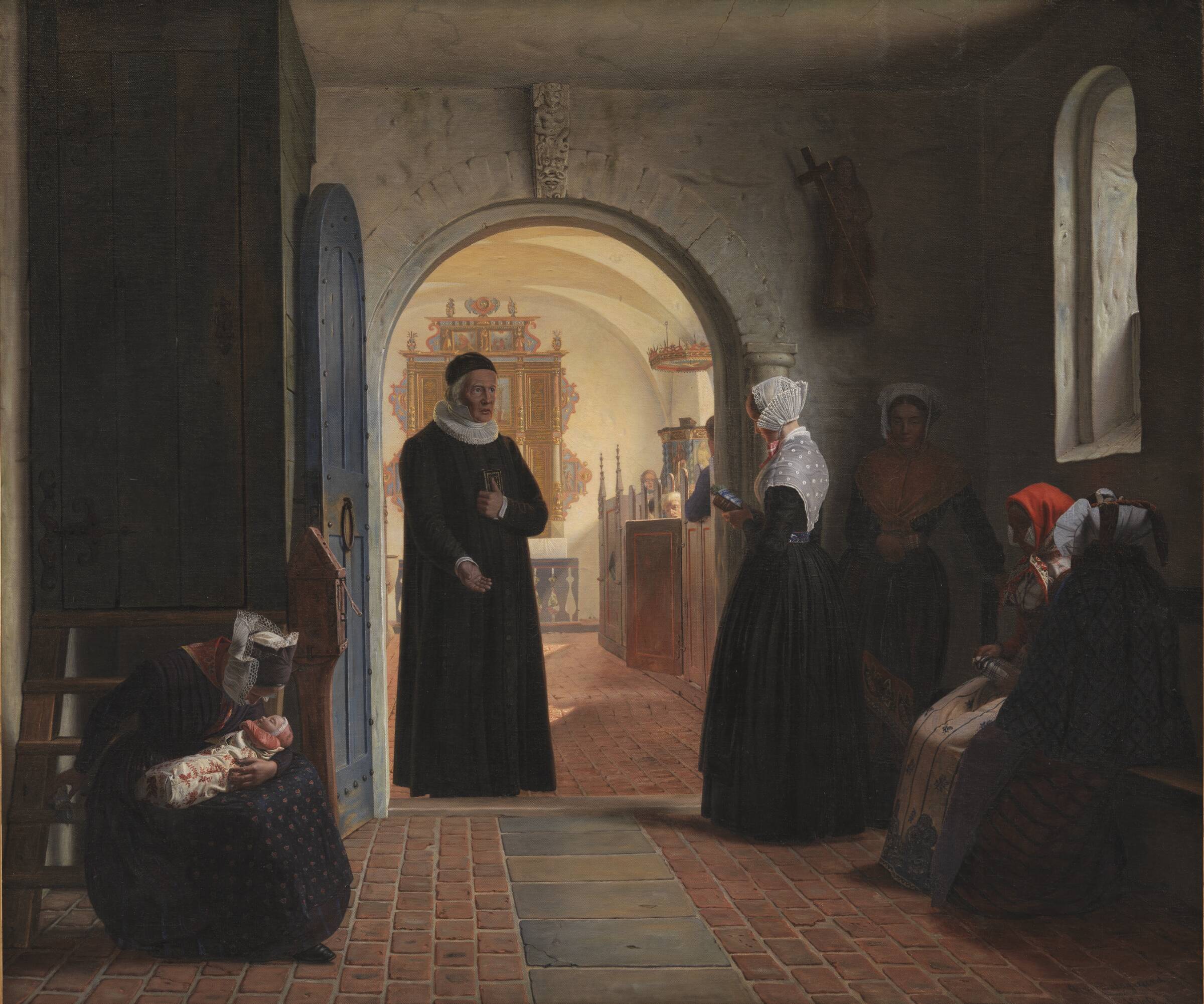 En kones højtidelige kirkegang efter barselfærd, Christen Dalsgaard, 1860