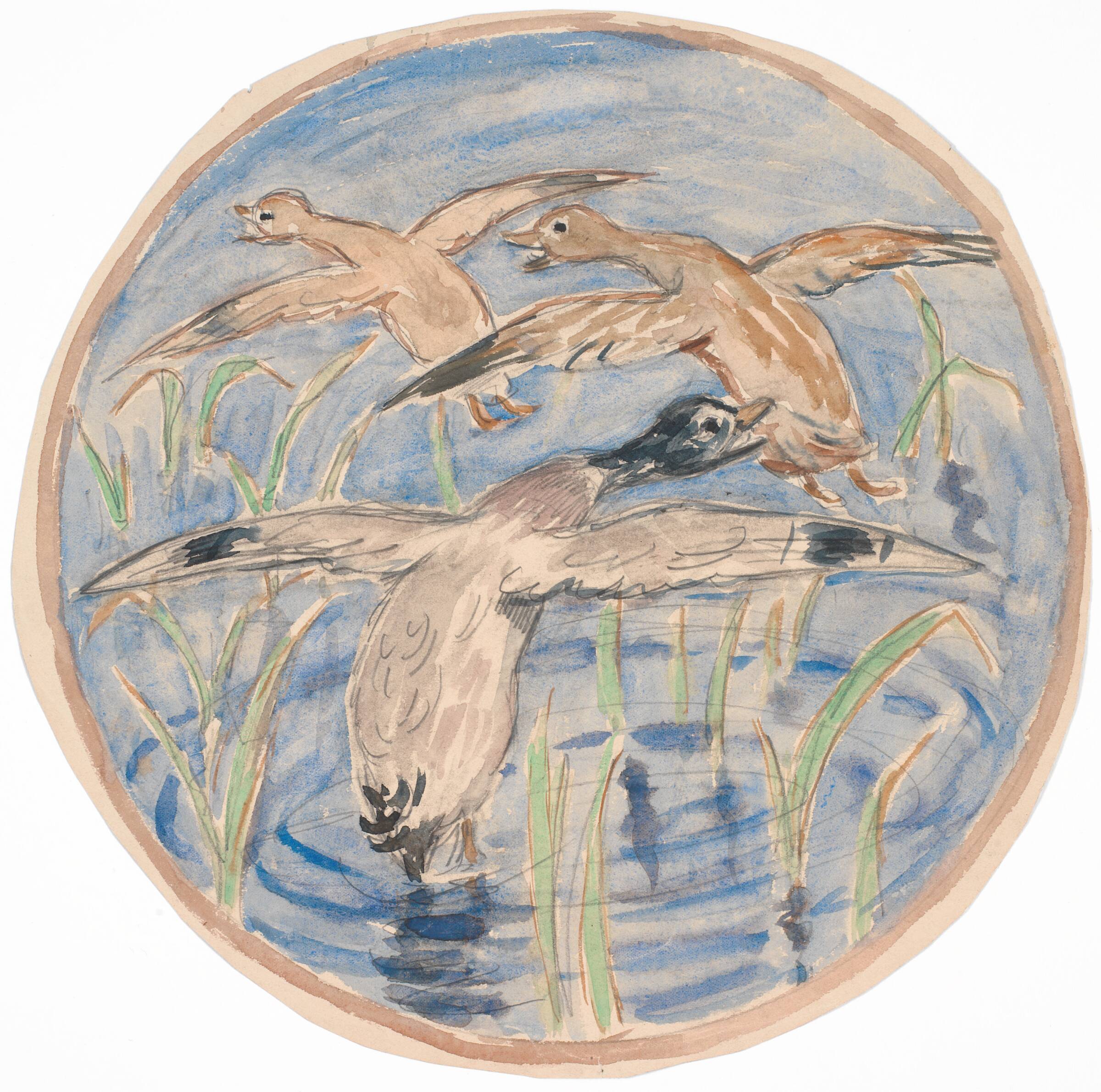Opflyvende ænder (udkast til dekoration af keramisk fad), Theodor Philipsen, 1893