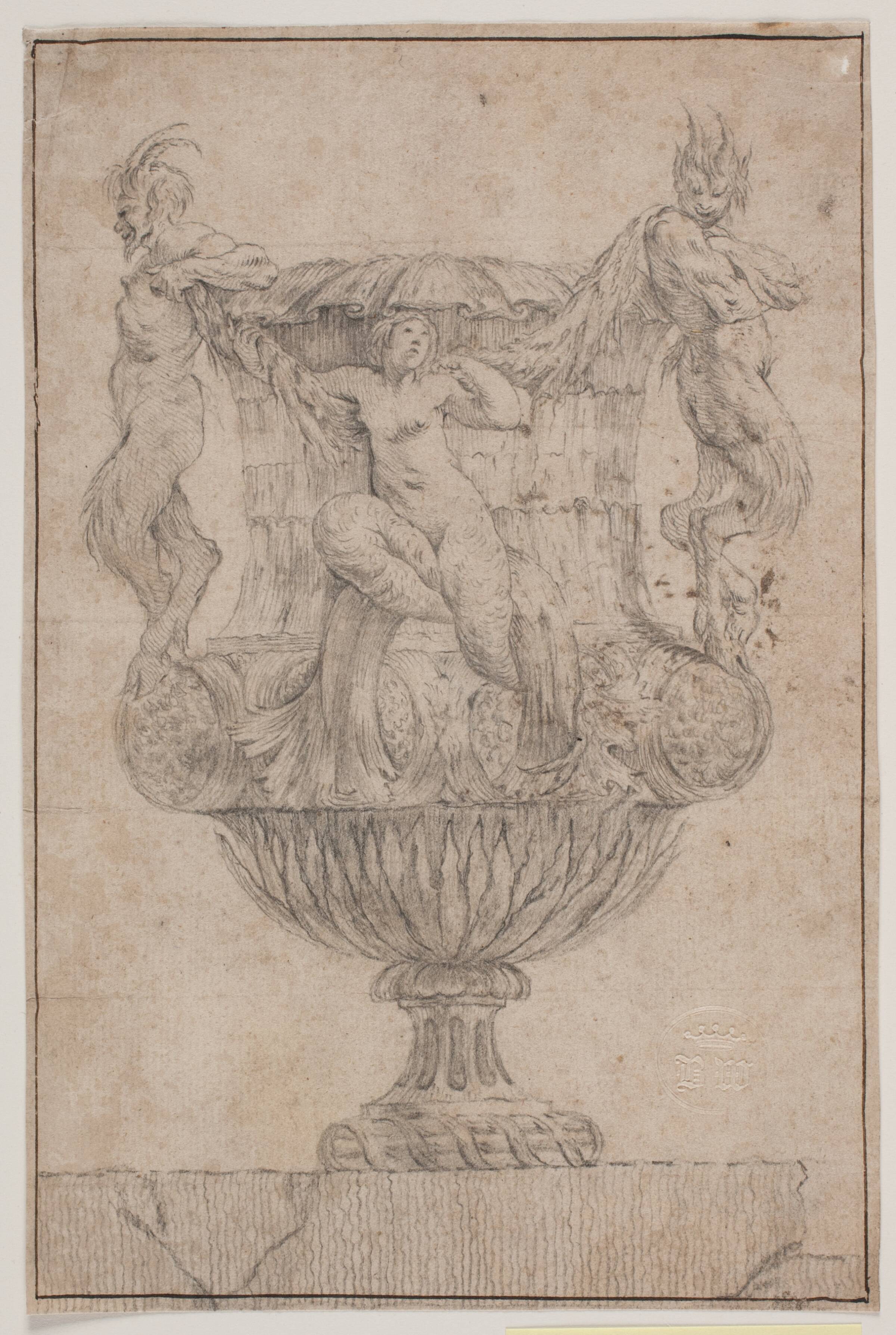 Prydvase med Pan, faun og nymfe. Kopi efter Pl. 14 i suiten af de i 1746 af Saly tegnede vaser. "Vasa a se inventa...", Неизвестный художник, 1746-1846