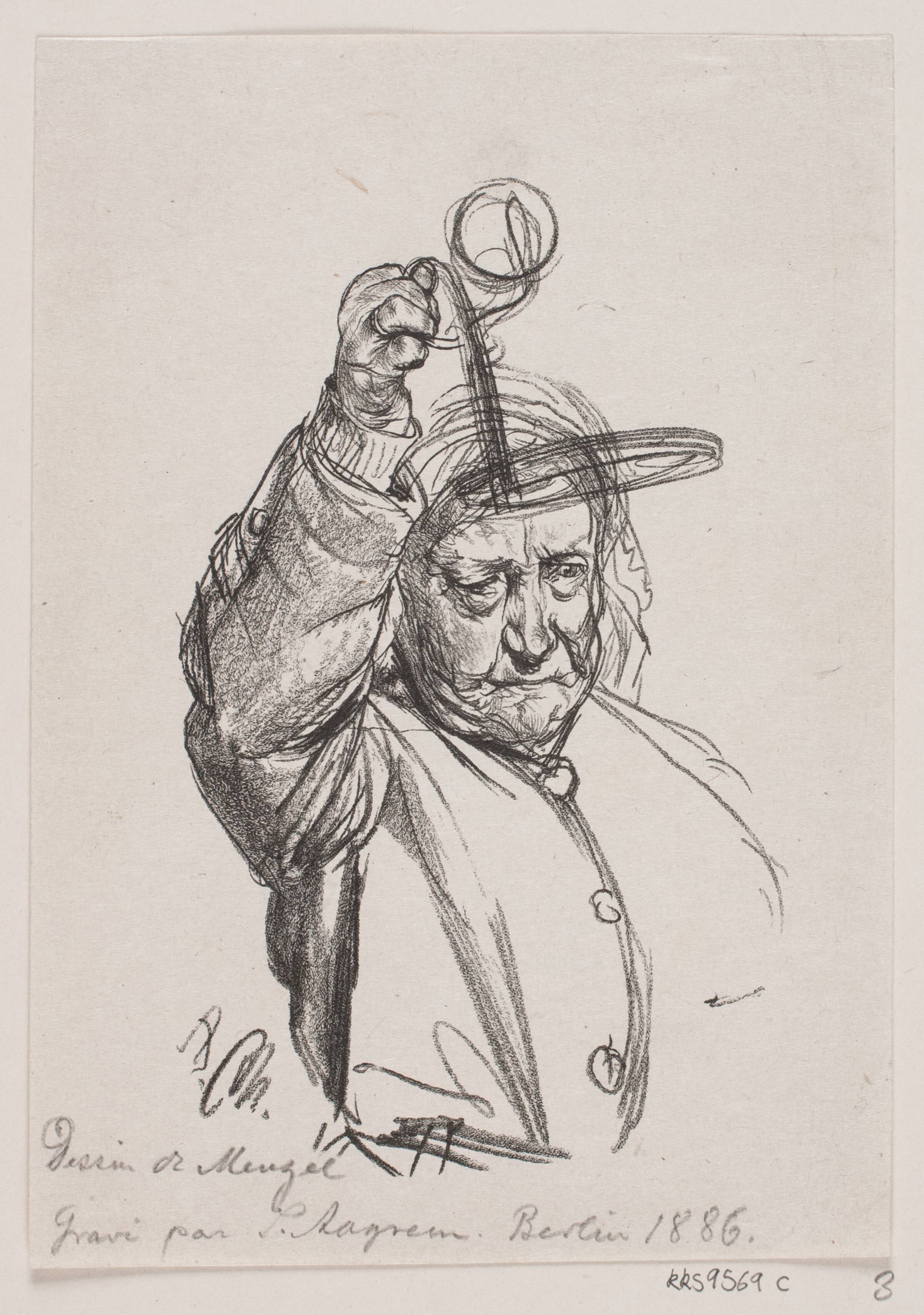 Gammel mand løfter en lysestage, S. Aagren, 1886