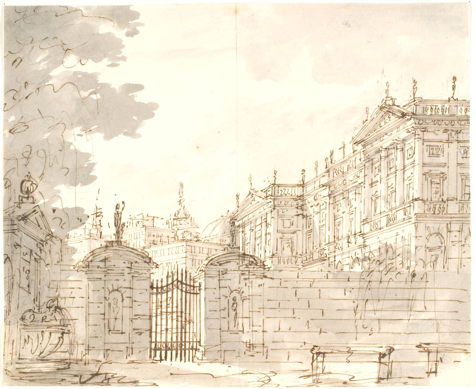 Palads omgivet af mur med gitterlåge, by Aron Wallick, 1803-1809