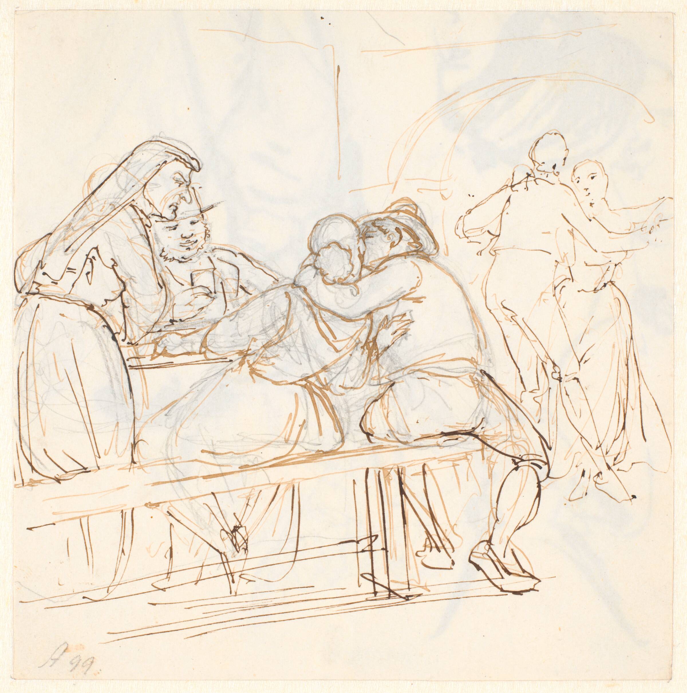 Osteriscene, i forgrunden kysser et siddende par hinanden, Wilhelm Marstrand, 1810-1873