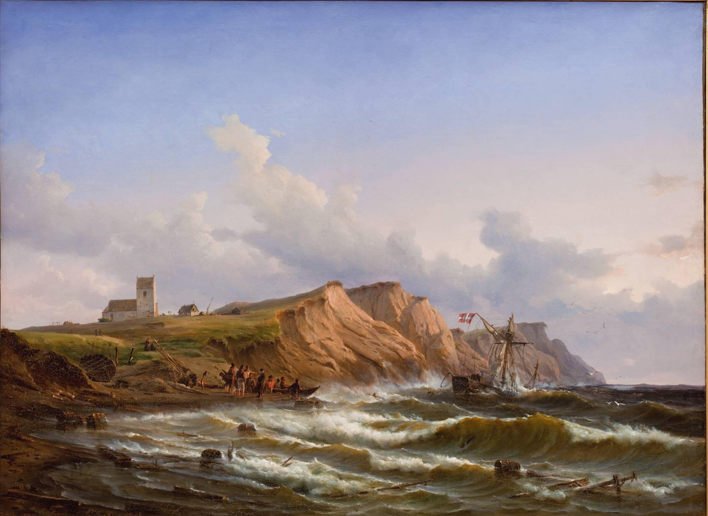 Skibbrud efter en storm ved Jyllands vestkyst ud for Ferring Kirke, C.F. Sørensen, 1848