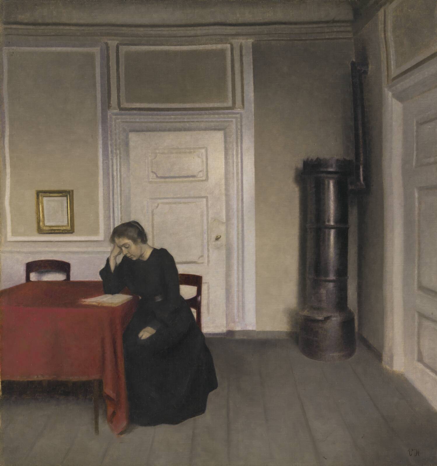 A Room in the Artist's Home in Strandgade, Copenhagen, with the Artist's Wife, by Vilhelm Hammershøi, 1902