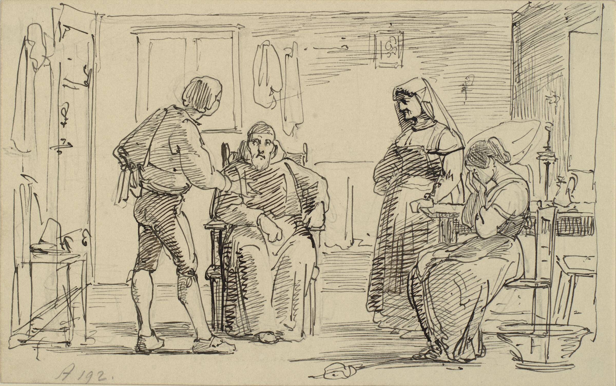 Interiør hvor en ung mand forklarer en siddende munk noget, t.h. grædende pige og gammel kone, Wilhelm Marstrand, 1810-1873