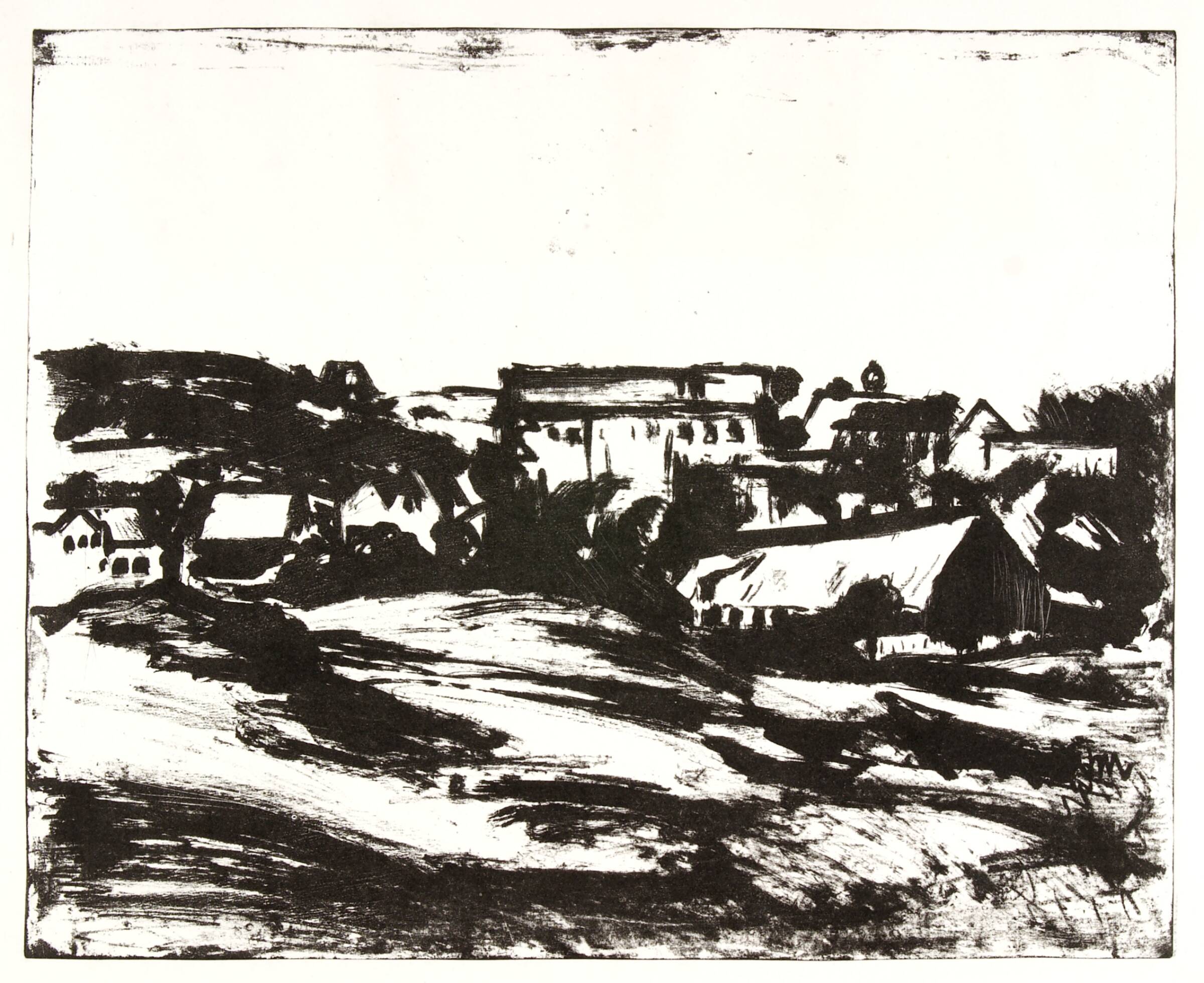 Bakket landskab med huse, Henry Nielsen, 1935