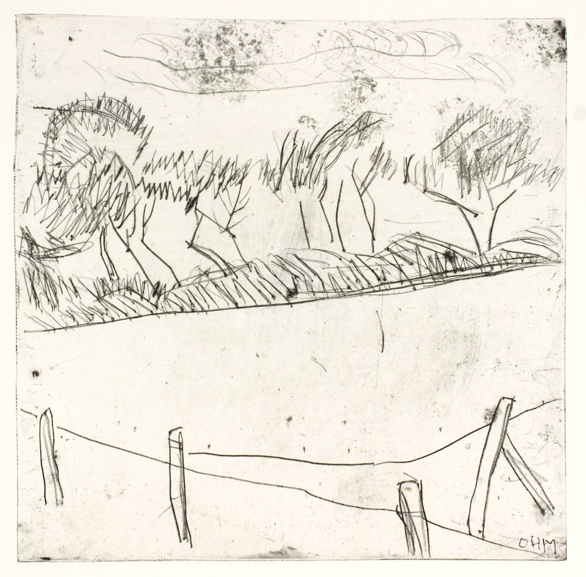 Landskab med træer og trådhegn, Olivia Holm-Møller, 1875-1970