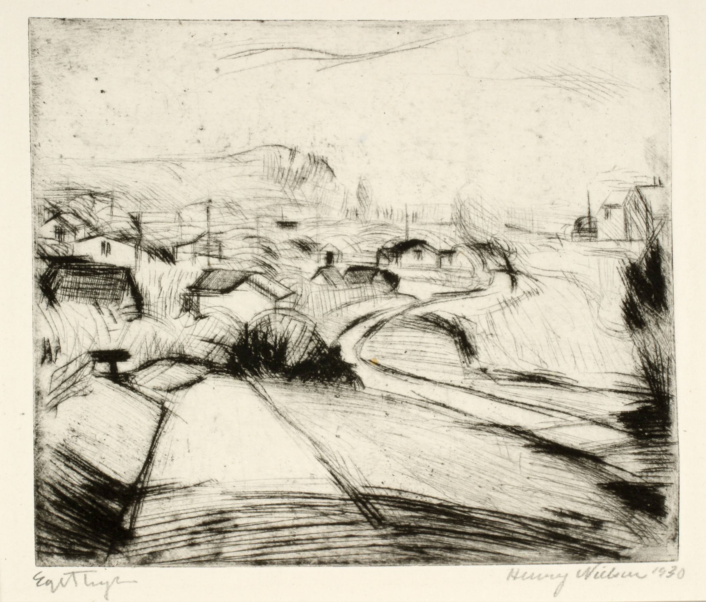 Landskab med vej og huse, Henry Nielsen, 1930