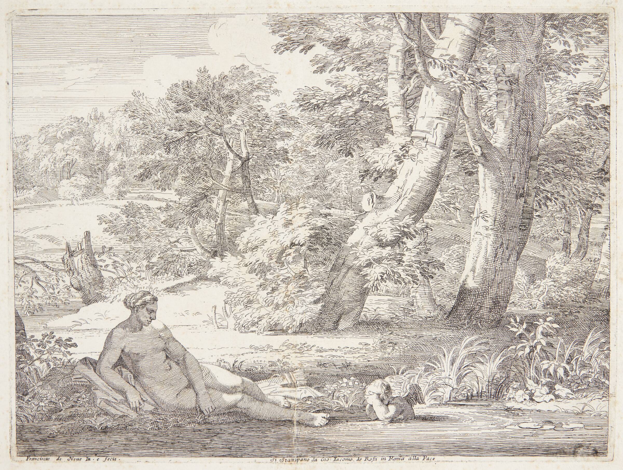 Venus og Amor ved en skovsø, Franciscus de Neve, 1606-1688