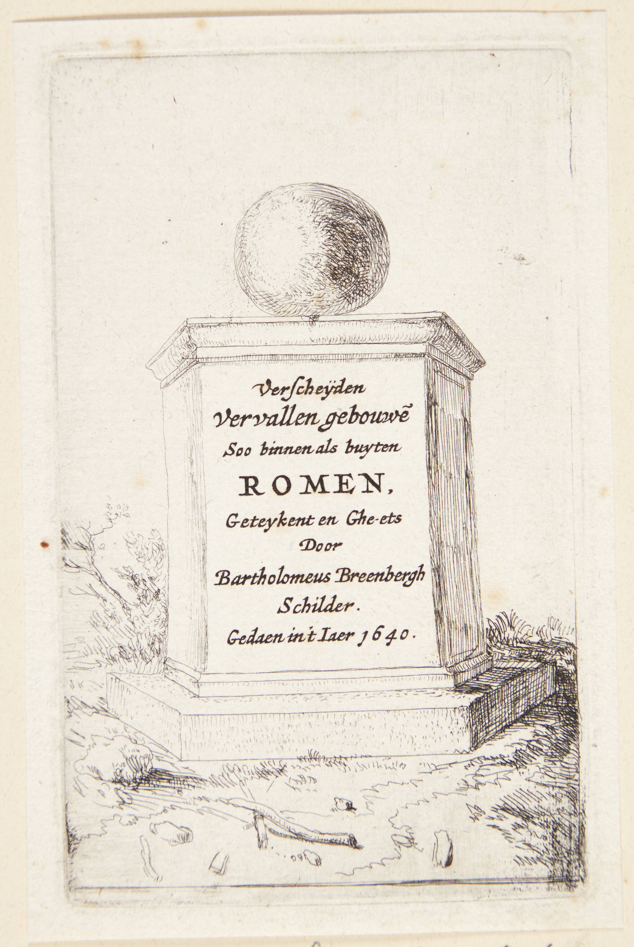 Sokkel med en kugle. Titelblad til "Romerske ruiner"