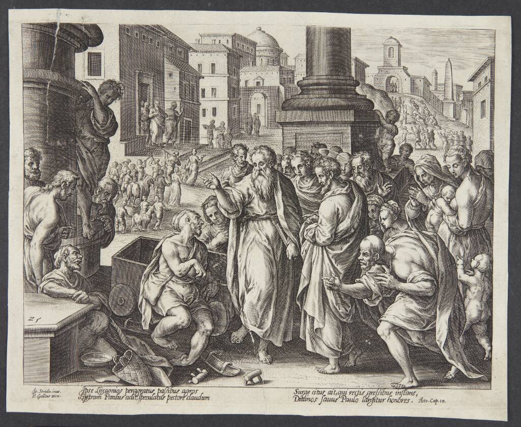 Paulus helbreder den lamme i Lystra, Adriaen Collaert, 1582