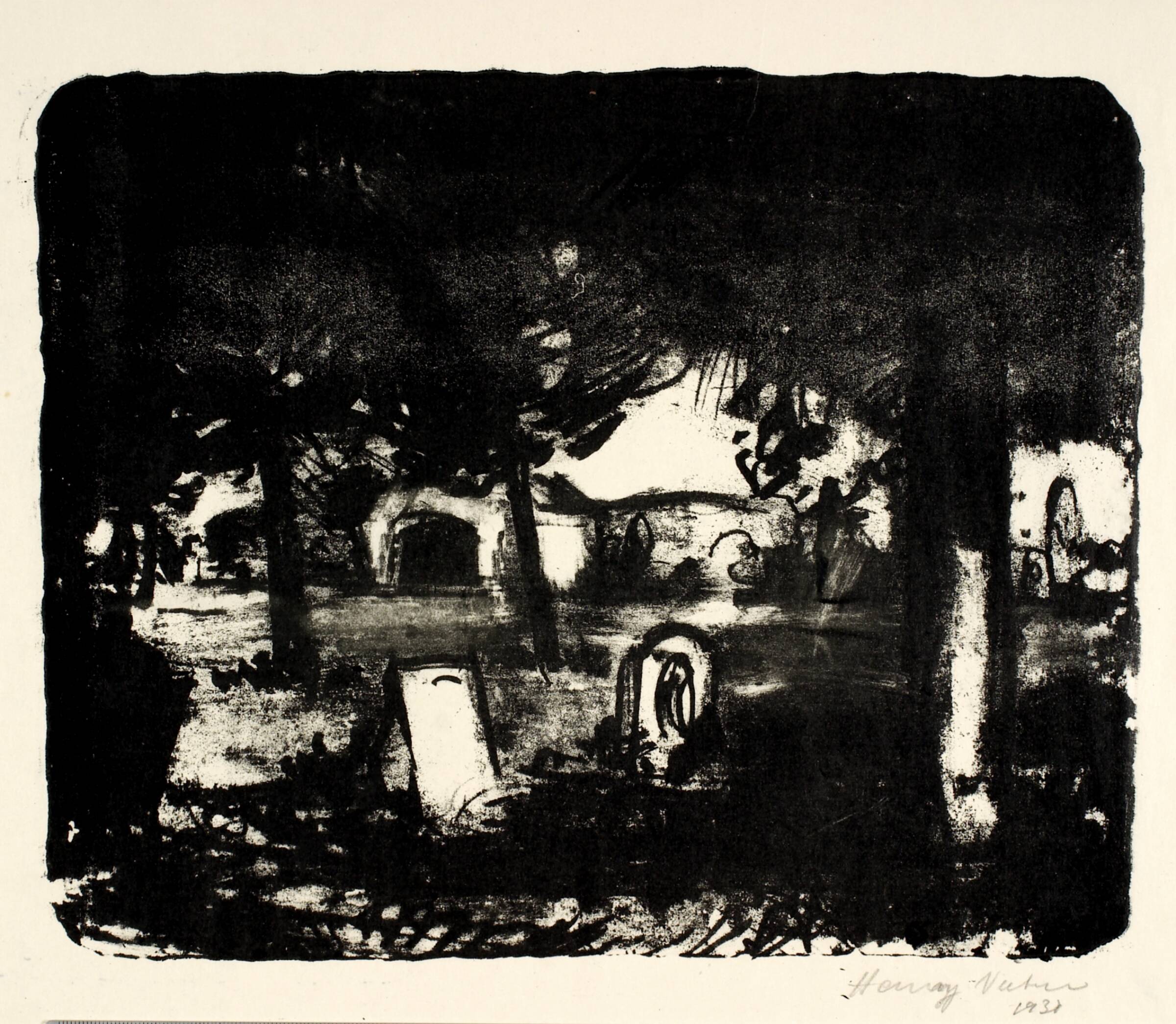 Kirkegård, grave under høje træer, Henry Nielsen, 1930