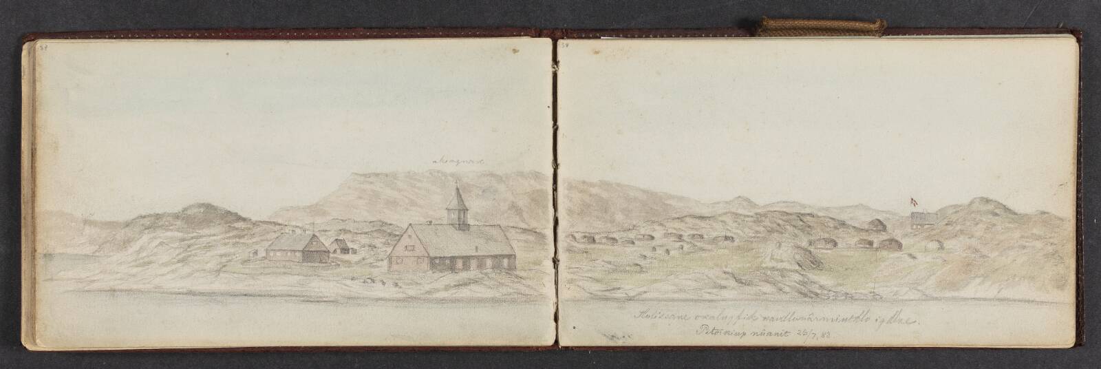 Skitse af bygd med kirke, Lars Møller, 1883