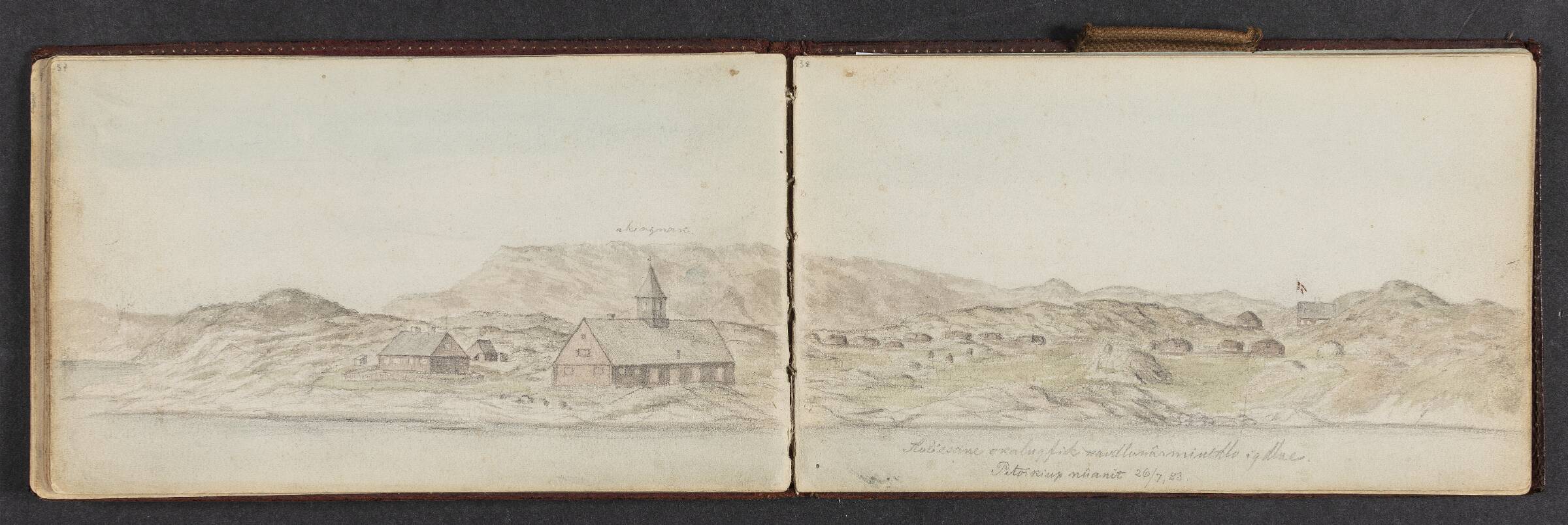 Skitse af bygd med kirke, Lars Møller, 1883