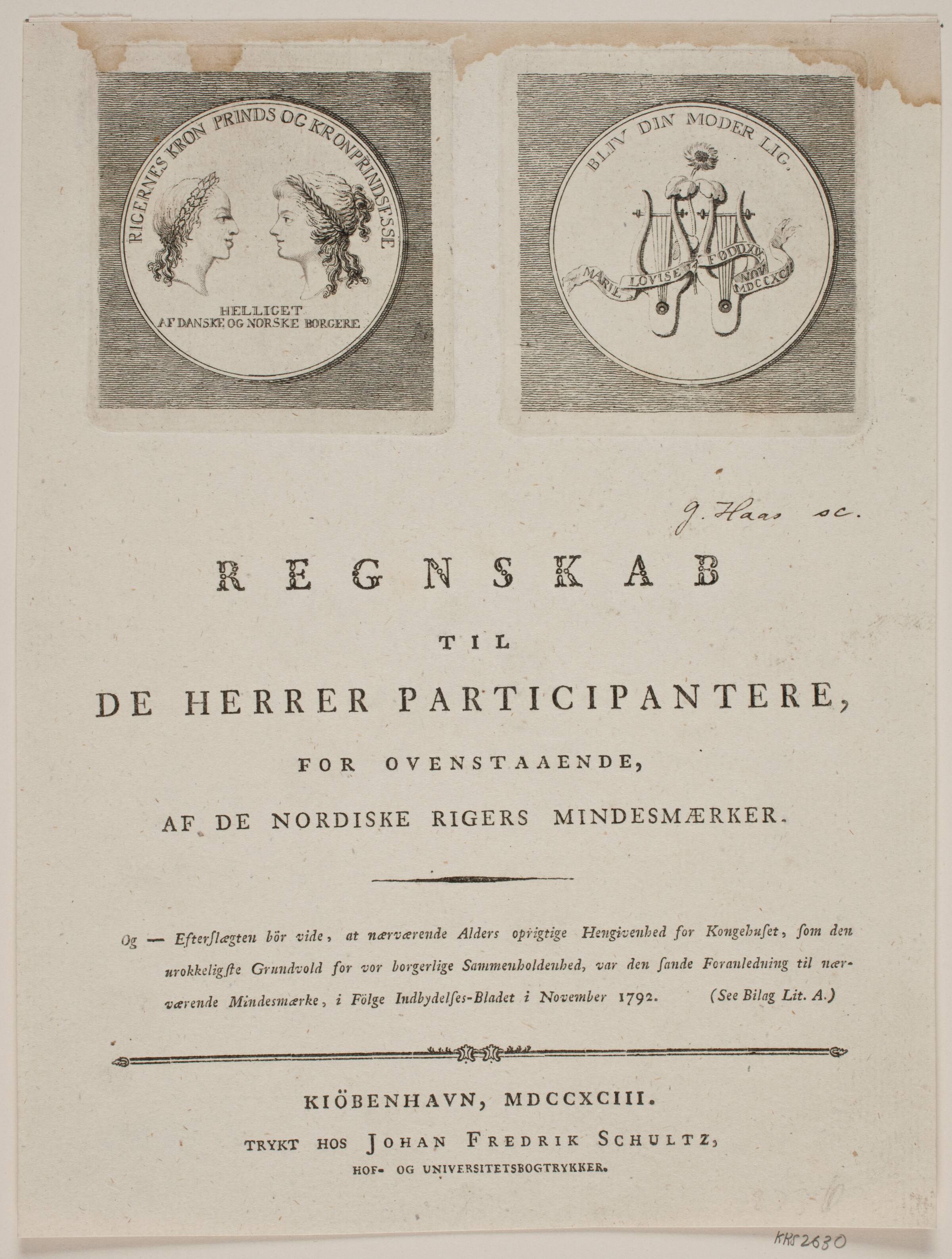 Titelblad til "Regnskab til de herrer participantere, for ovenstående af de nordiske rigers mindesmærker", Georg Haas, 1793