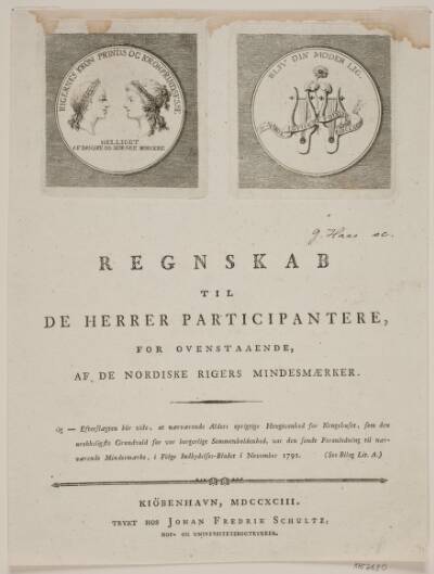 Titelblad til "Regnskab til de herrer participantere, for ovenstående af de nordiske rigers mindesmærker"